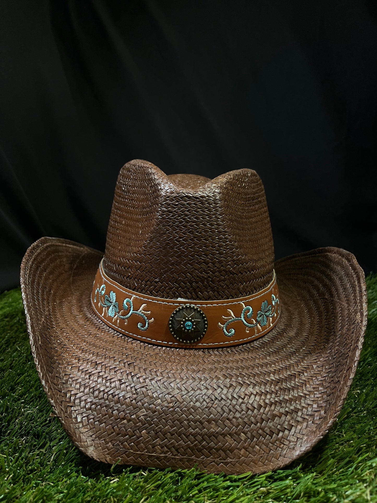 Premium Brown Straw Cowboy/Cowgirl Hat with Tan Tooled Band & Turquoise Concho | Correa Hats