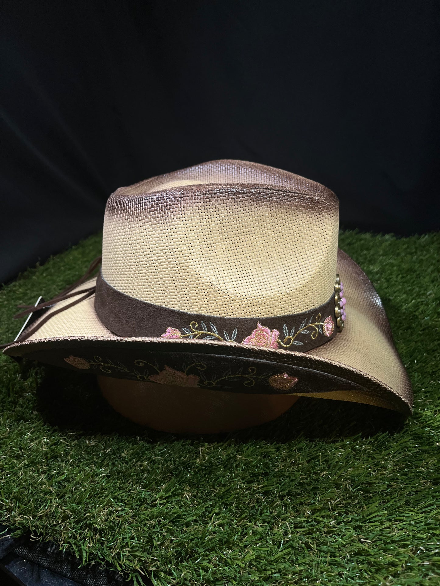 Pink Flower Straw Western Women’s Cowboy, Vintage Wide-Brimmed light brown Hat