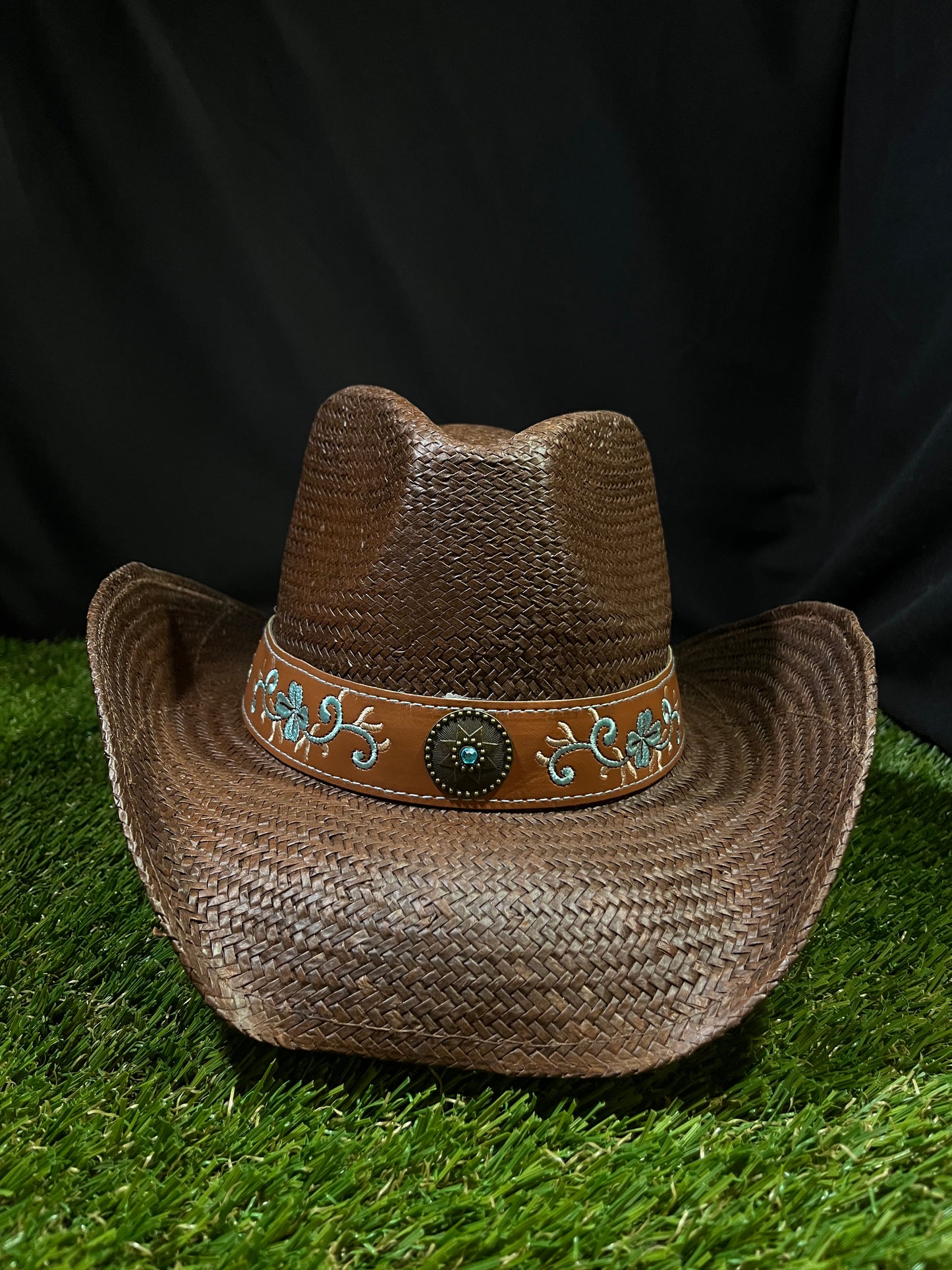 Premium Brown Straw Cowboy/Cowgirl Hat with Tan Tooled Band & Turquoise Concho | Correa Hats