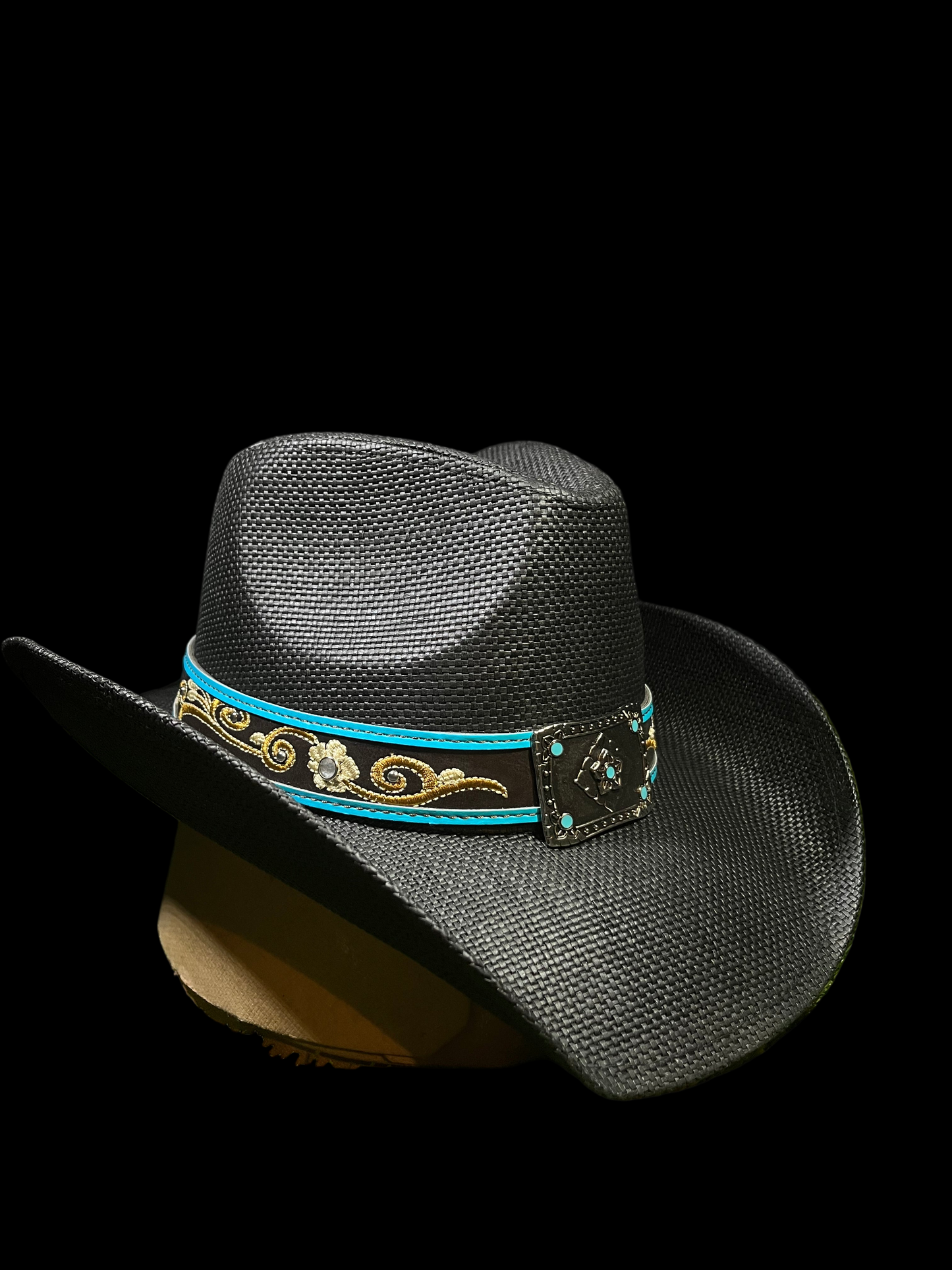 Black Turquoise Regal Buckle Western Cowboy Hat – Embroidered Band Correa Hats