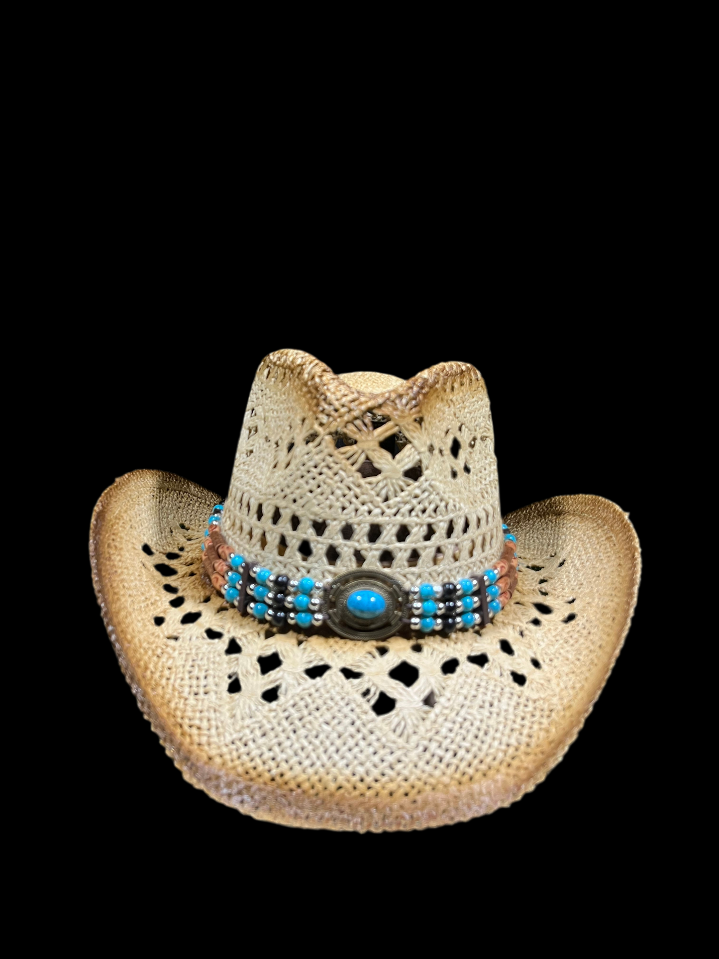 Light Brown Straw Cowboy Cowgirl Hat - Breathable Design with Turquoise Buckle and Beaded Band