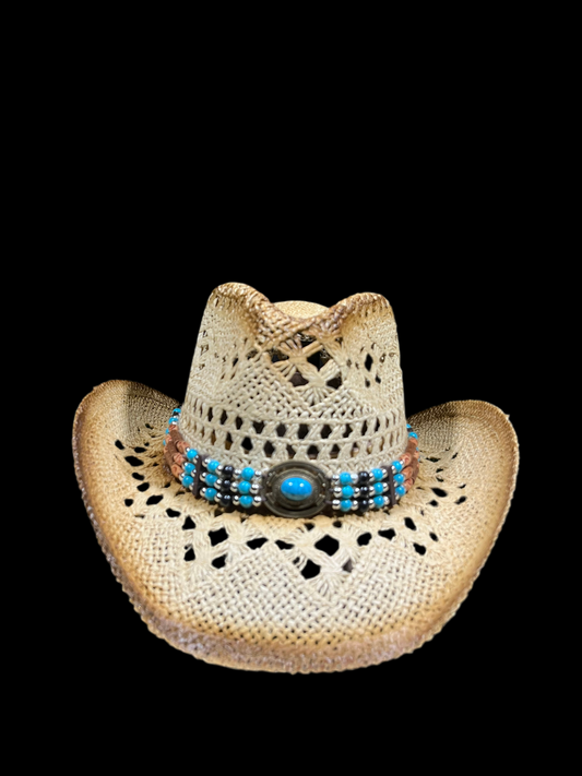 Light Brown Straw Cowboy Cowgirl Hat - Breathable Design with Turquoise Buckle and Beaded Band