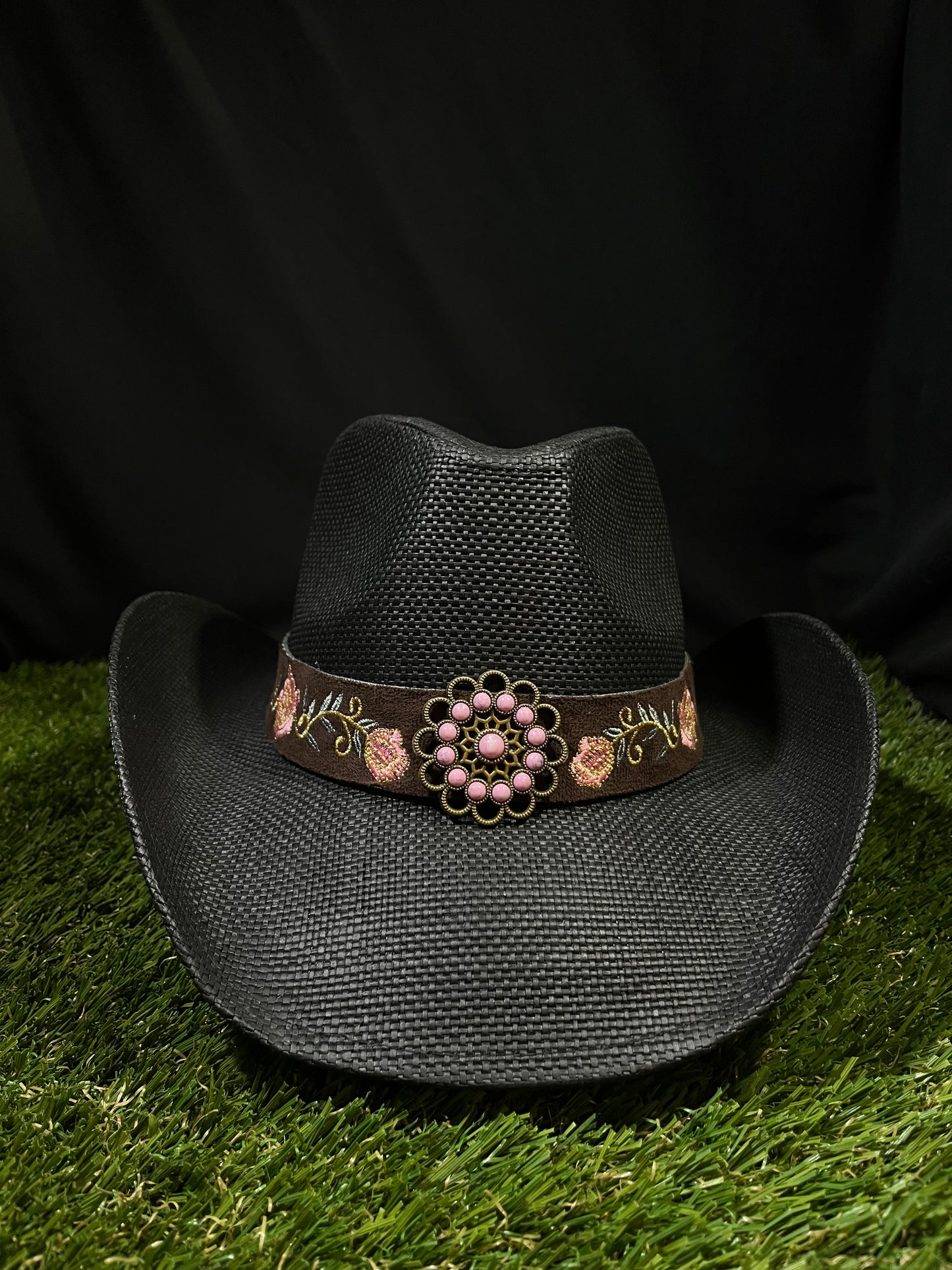 🖤 Black Bangora Western Premium bendable brim Cowboy/Cowgirl Hat with Pink Floral Band – Correa Hats