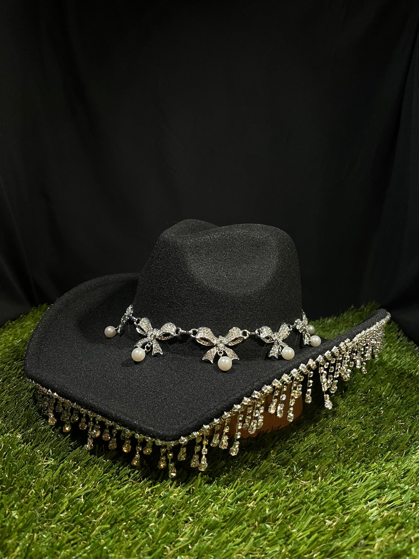 Black Silver Ribbon Western Bedazzled Hat