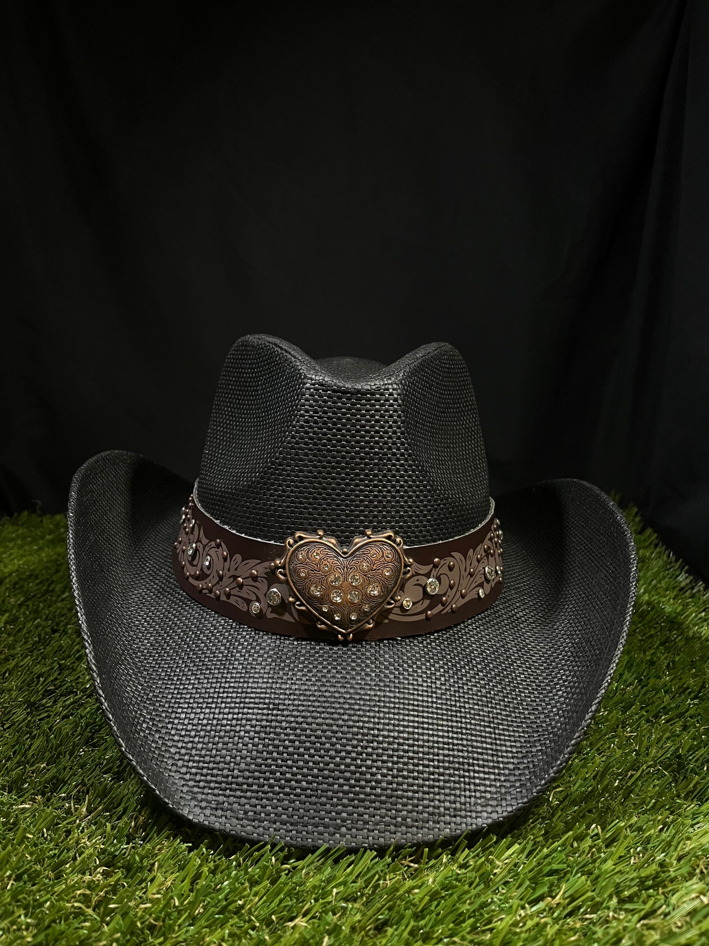 Straw Western Cowboy Hat With Brown Heart Band- Black