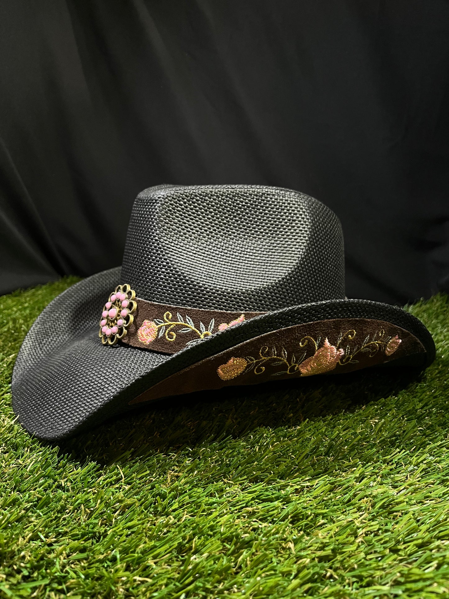 🖤 Black Bangora Western Premium bendable brim Cowboy/Cowgirl Hat with Pink Floral Band – Correa Hats