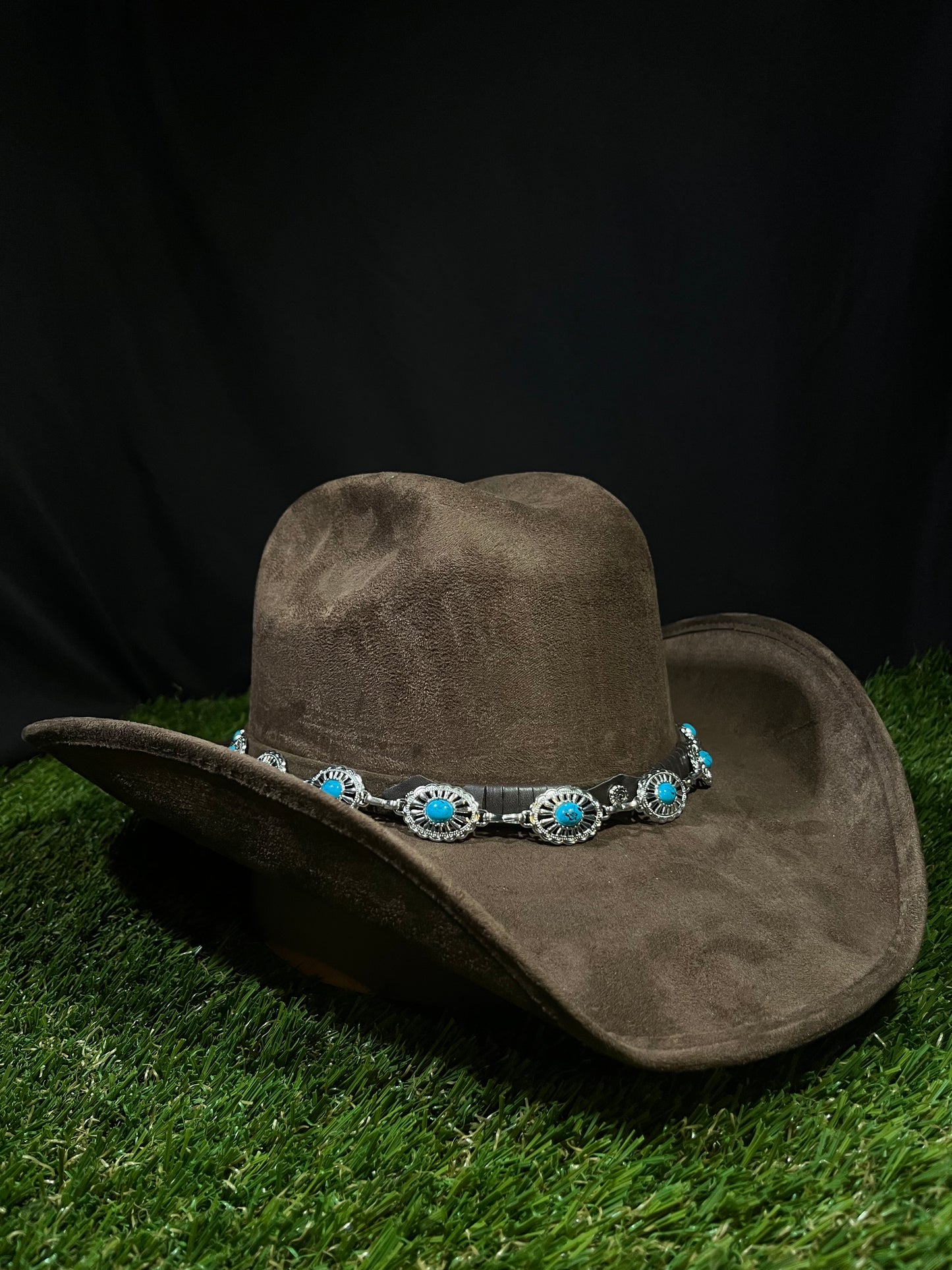 Brown Suede Cowgirl Hat with Embellished Blue Turquoise Silver Band