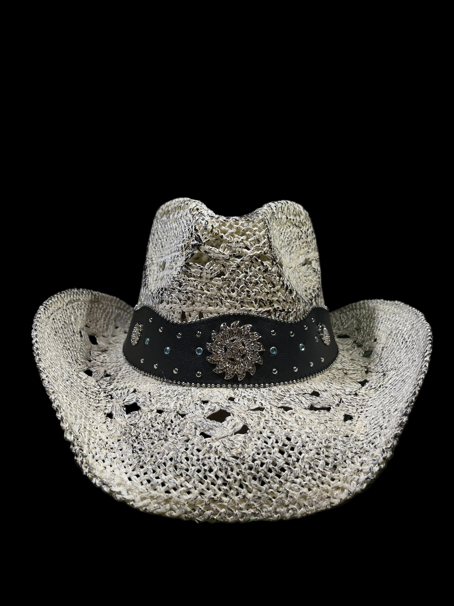 White Distressed Straw Cowboy/Cowgirl Hat with Crystal Concho Band – Western Ventilated Style | Correa Hats