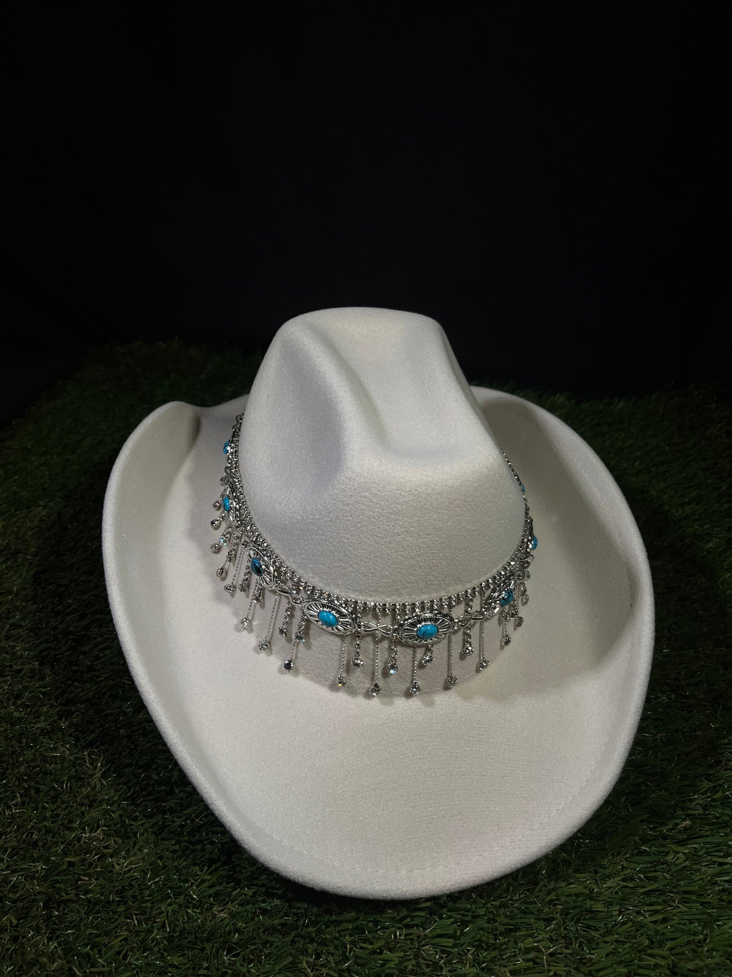 White Ivory Blue Silver Dreamcatcher Rhinestone Hat