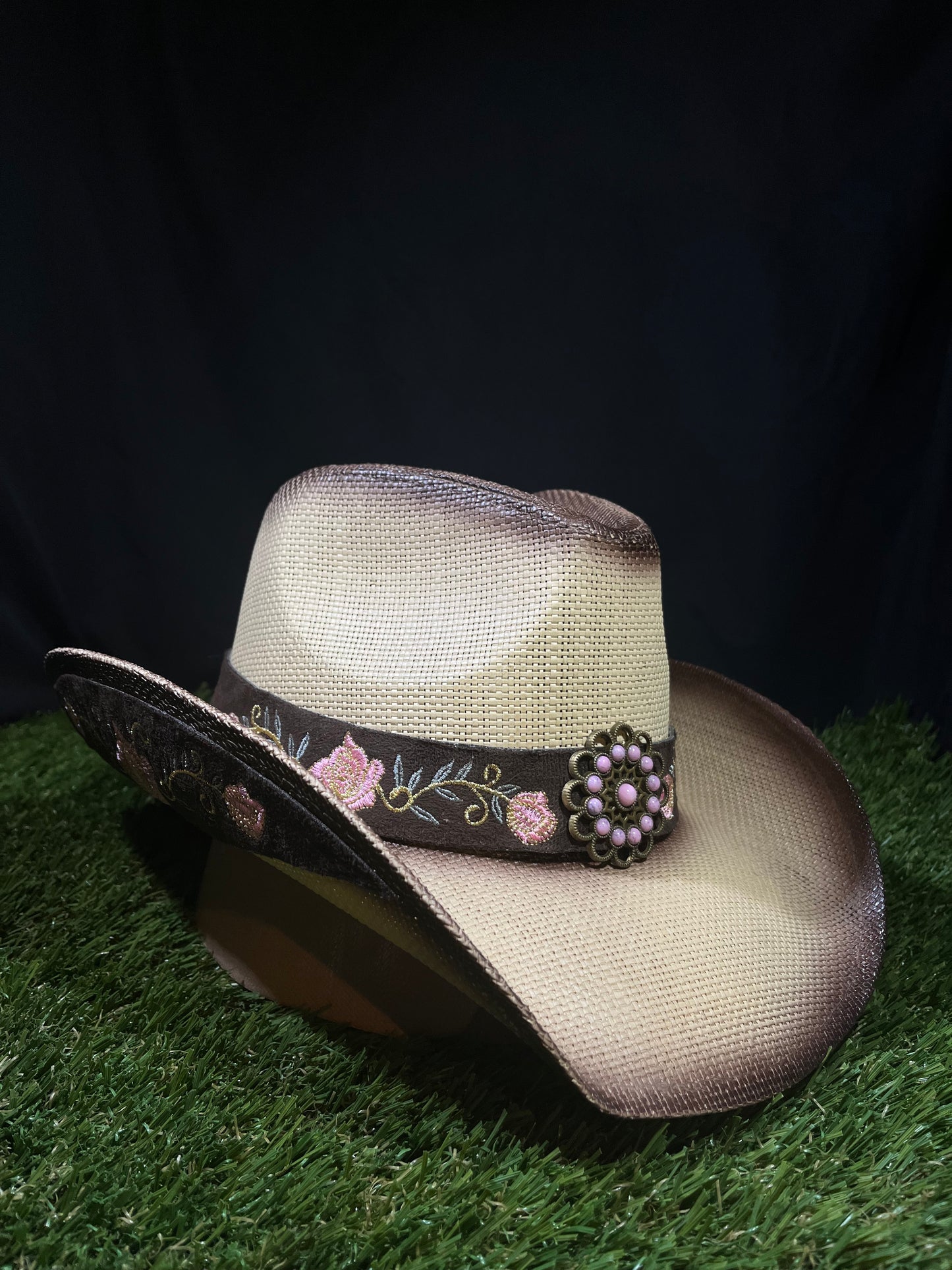 Pink Flower Straw Western Women’s Cowboy, Vintage Wide-Brimmed light brown Hat