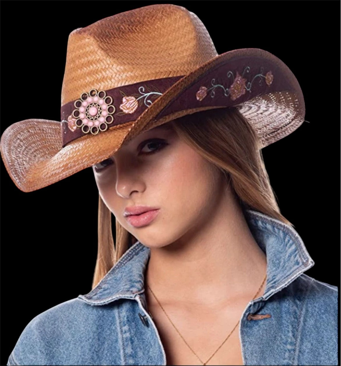 Dark Rose Western Cowgirl Hat Pink Flower Straw Western Women’s CowboyVintage Wide Brimmed dark brown Hat