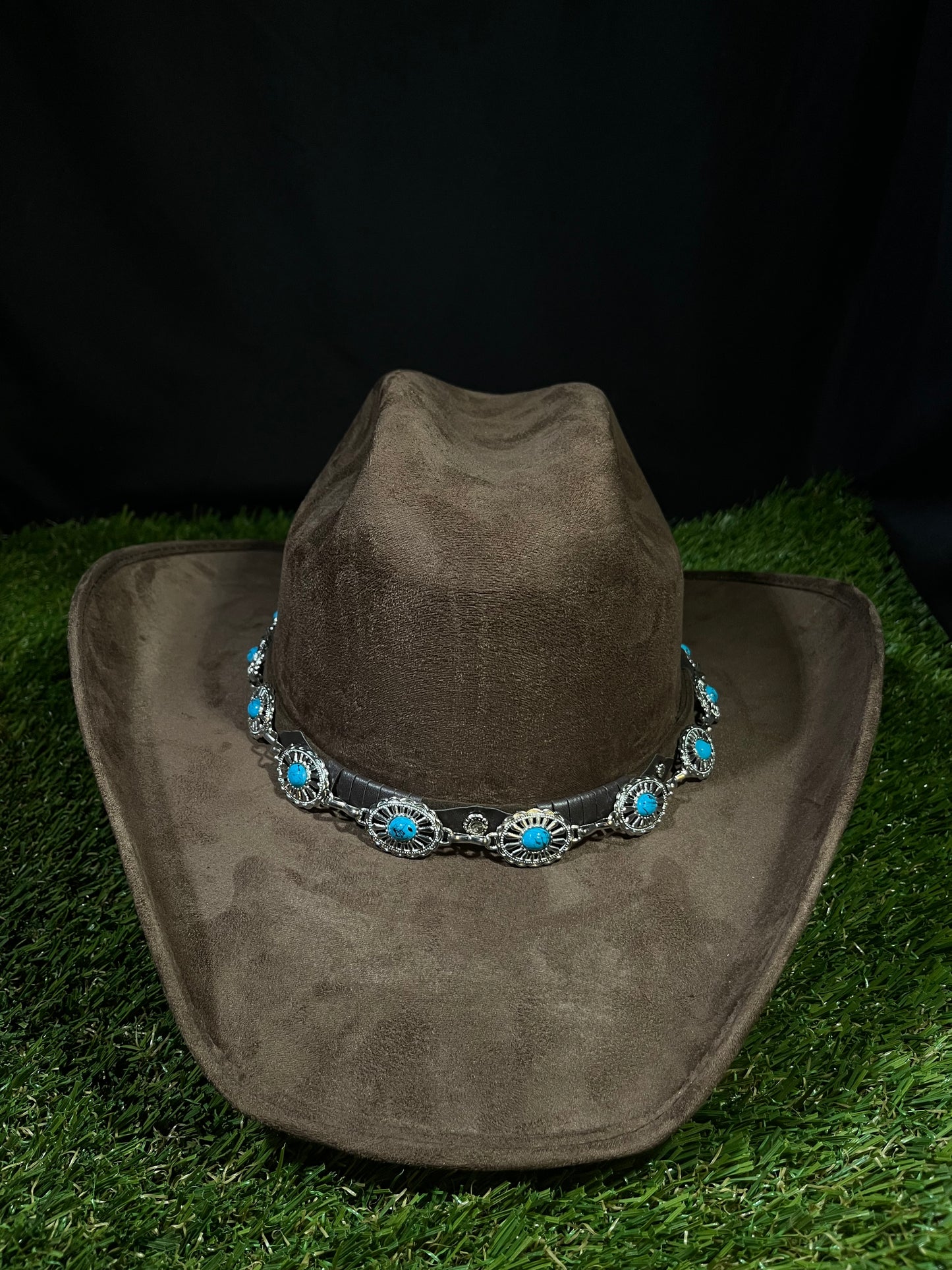 Brown Suede Cowgirl Hat with Embellished Blue Turquoise Silver Band