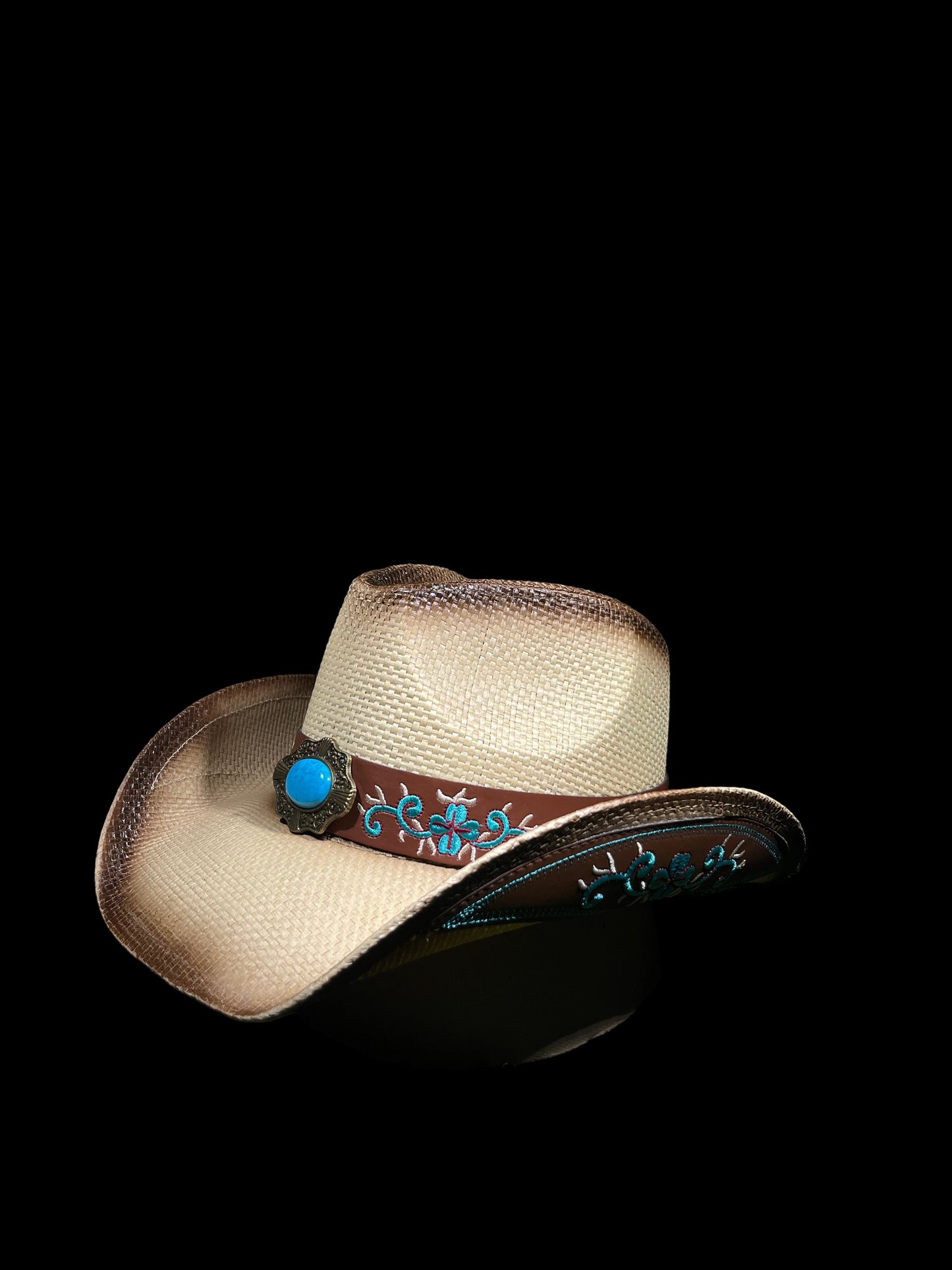 Light Brown Drifter with Blue medallion Stone Brown Belt Band Cowboy Hat