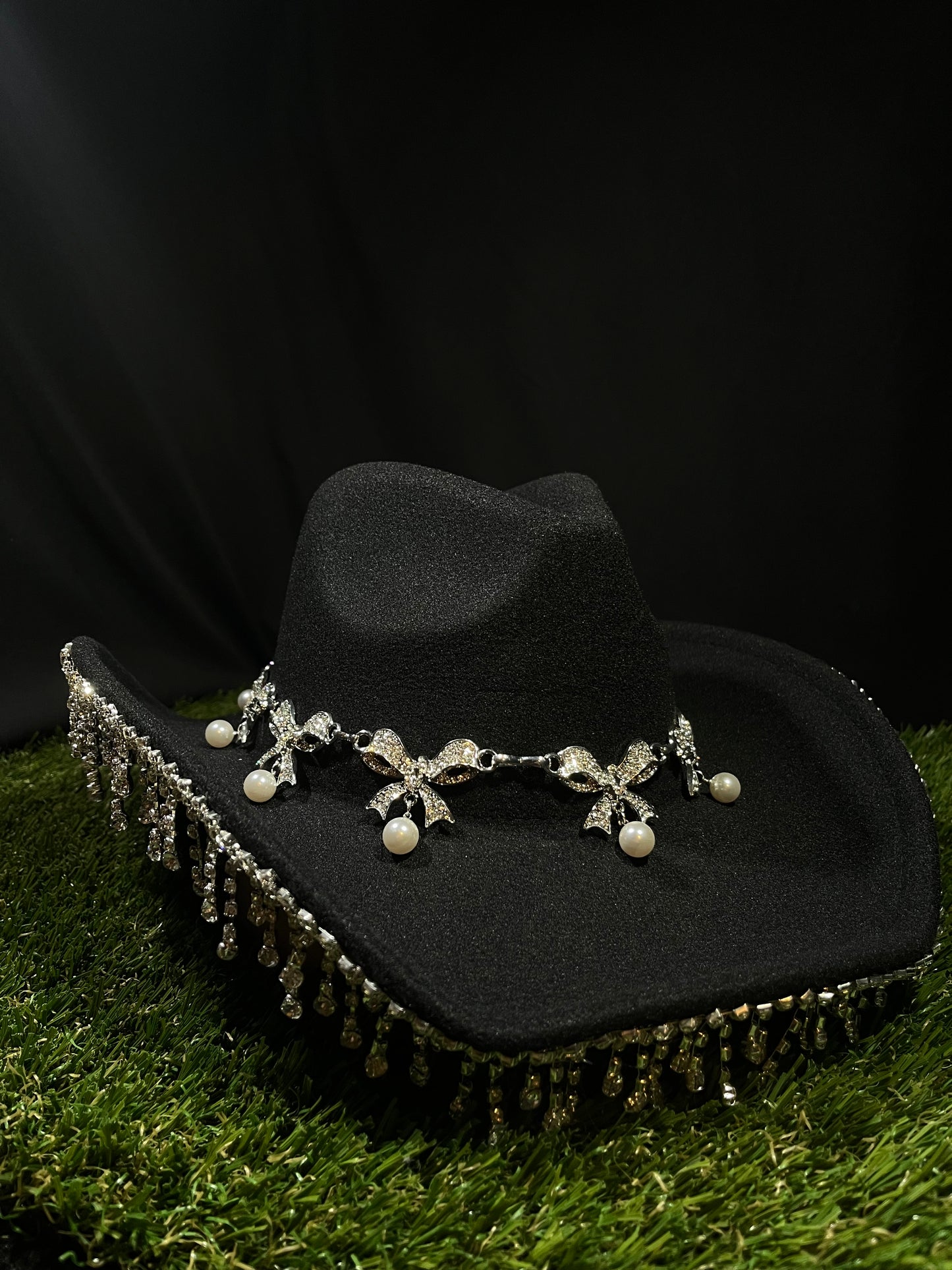Black Silver Ribbon Western Bedazzled Hat