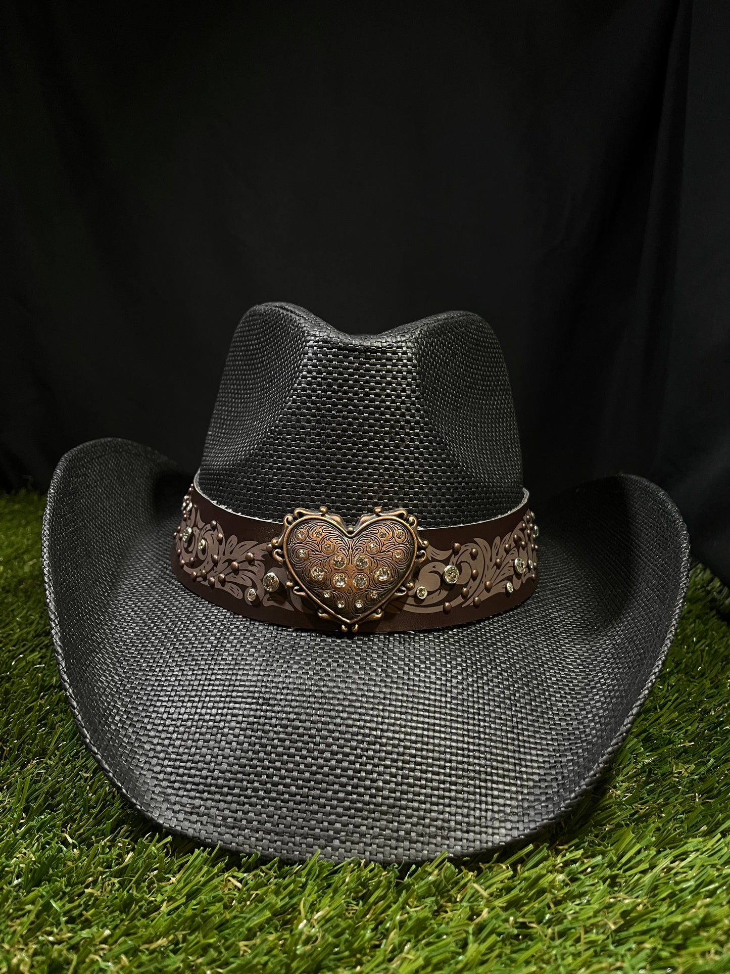 Straw Western Cowboy Hat With Brown Heart Band- Black