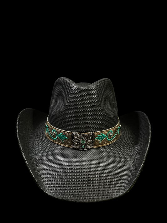 Black Bangora Cowboy/Cowgirl Hat with Turquoise Butterfly Floral Design Embroidered Band – Correa Hats