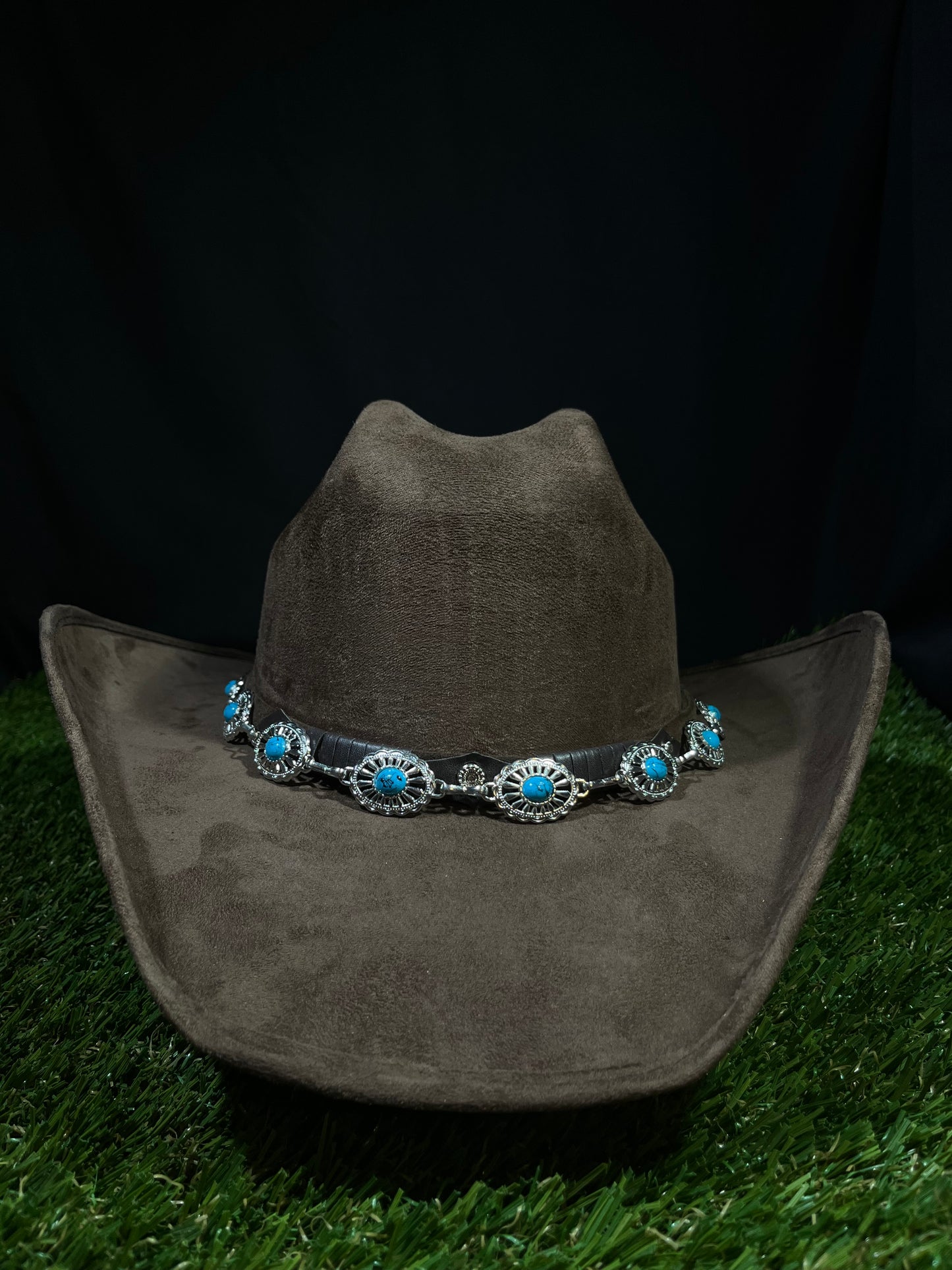 Brown Suede Cowgirl Hat with Embellished Blue Turquoise Silver Band