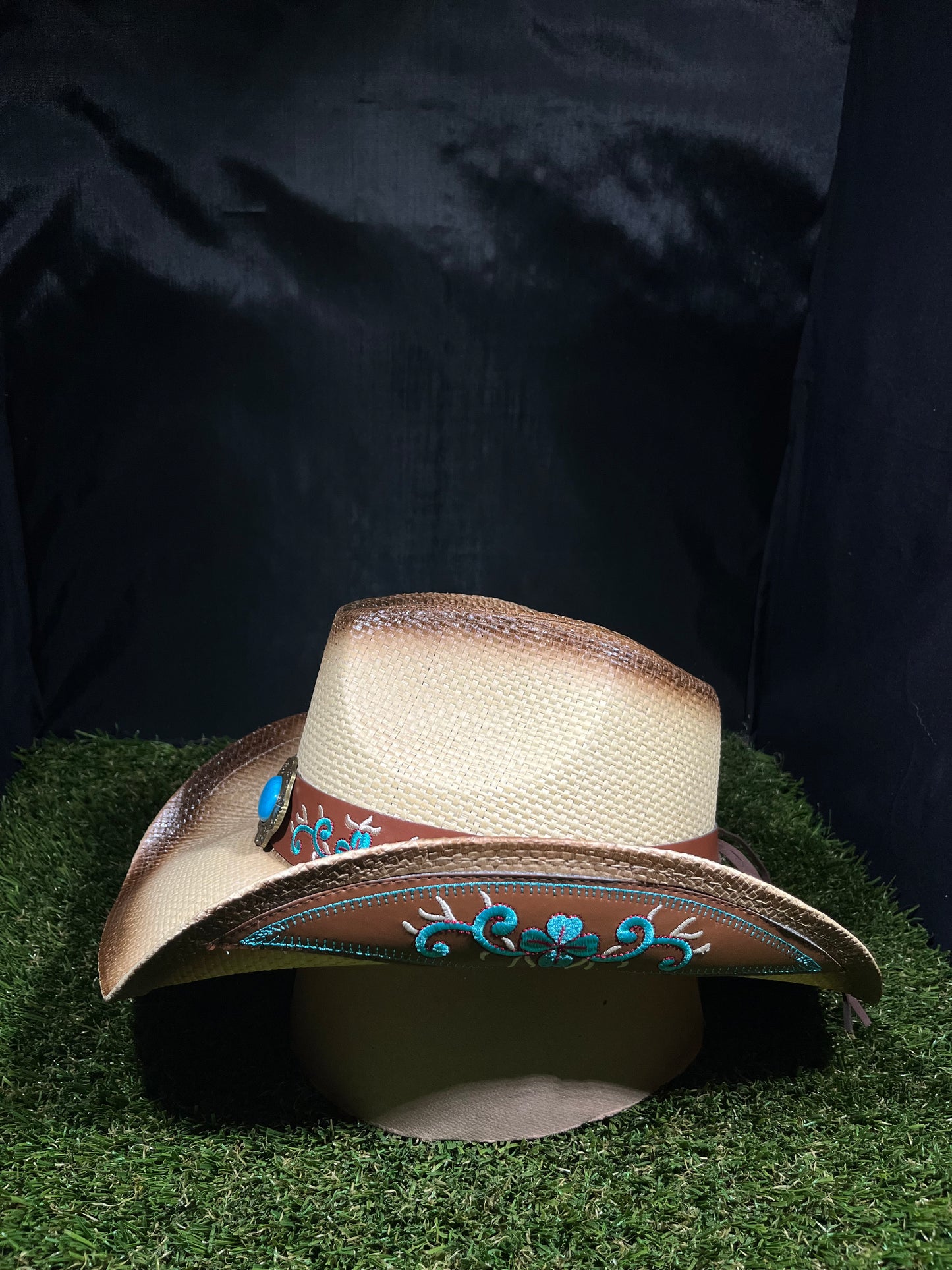 Light Brown Drifter with Blue medallion Stone Brown Belt Band Cowboy Hat