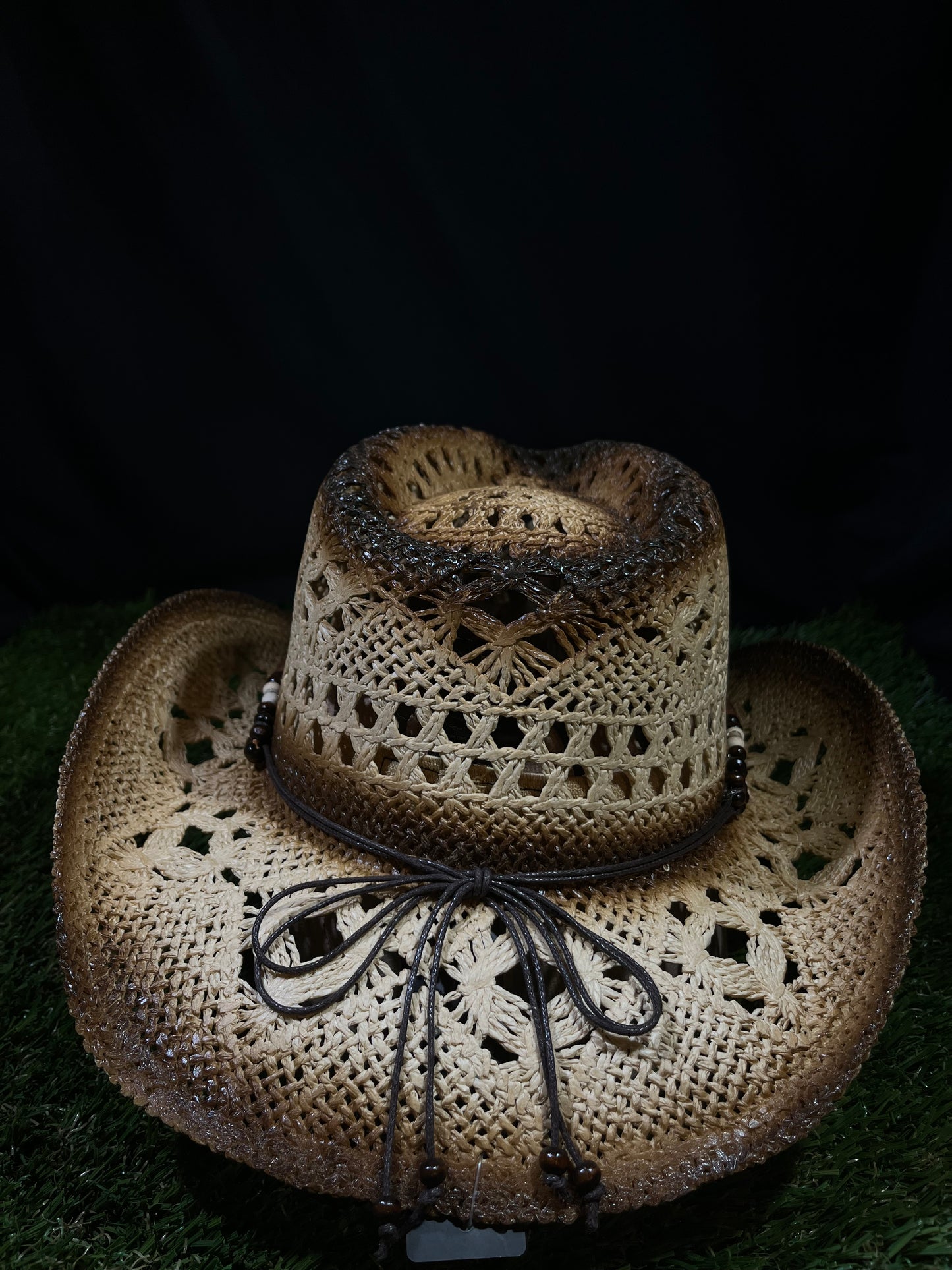 Light Brown Medallion Straw Cowboy Cowgirl Hat Turquoise Buckle & Beaded Band | Breathable Western Style