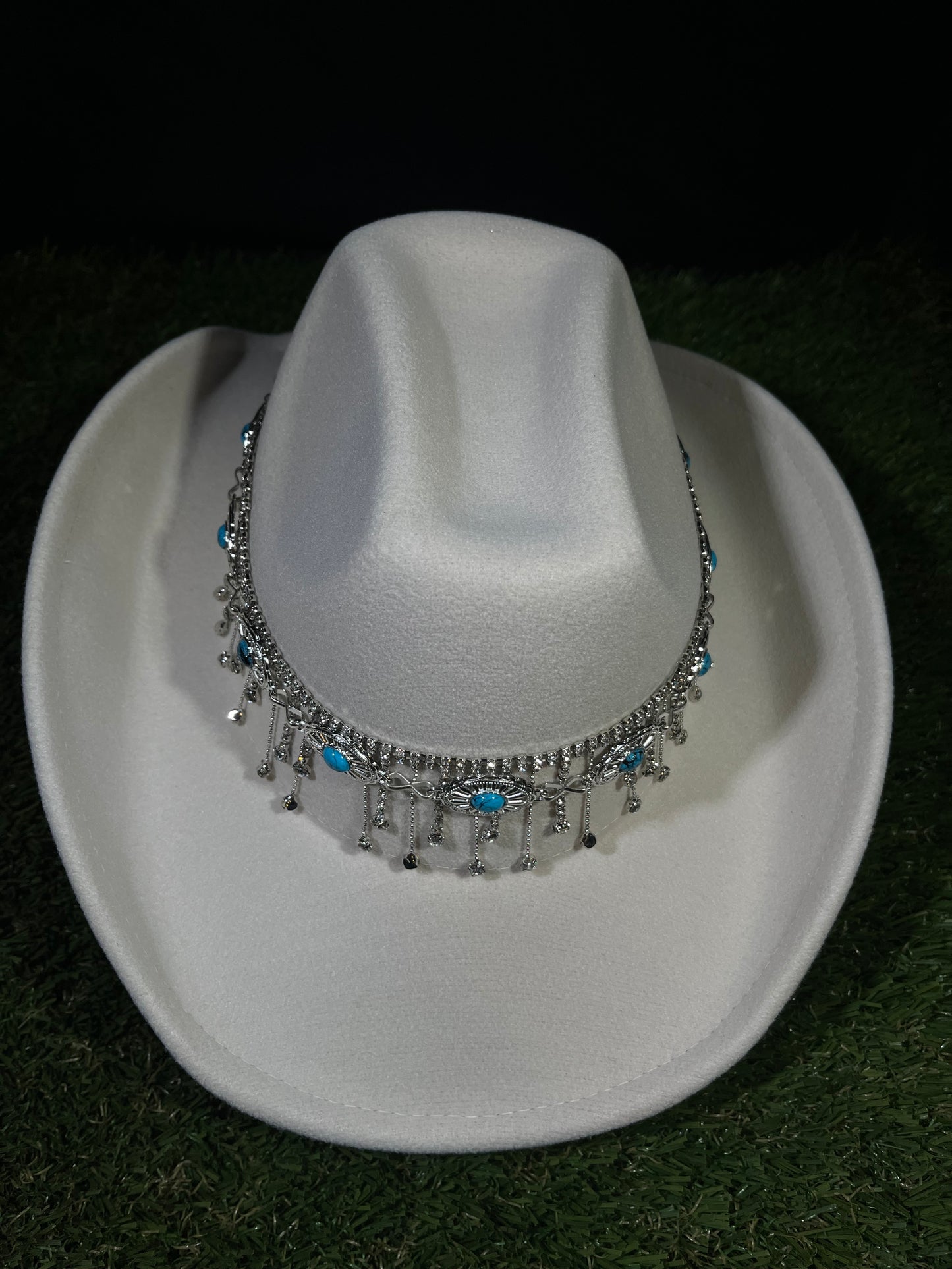 White Ivory Blue Silver Dreamcatcher Rhinestone Hat