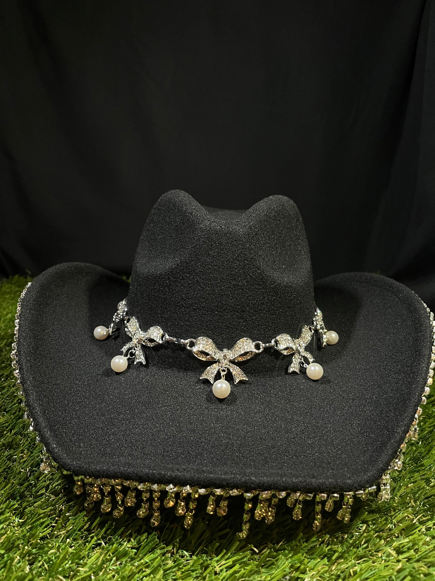 Black Silver Ribbon Western Bedazzled Hat