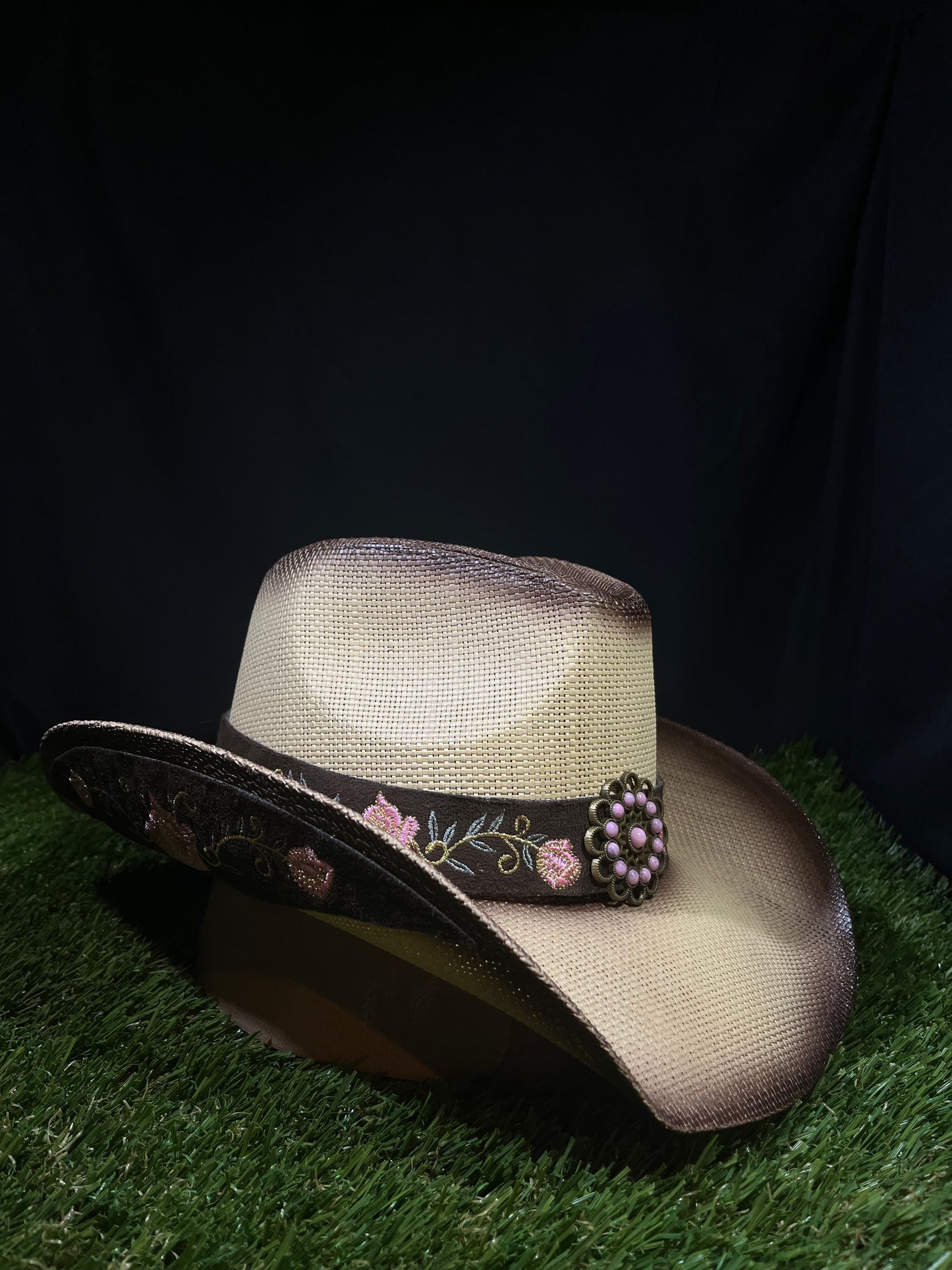Pink Flower Straw Western Women’s Cowboy, Vintage Wide-Brimmed light brown Hat