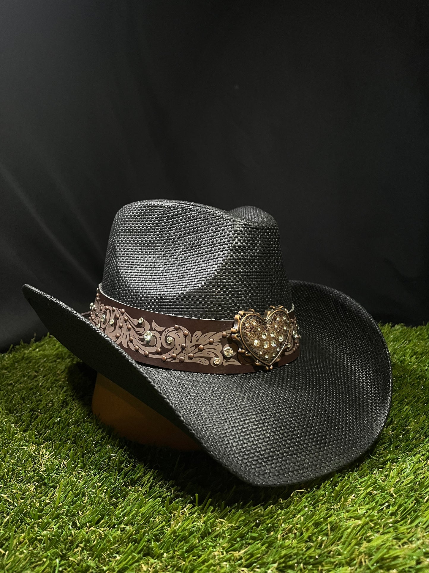 Straw Western Cowboy Hat With Brown Heart Band- Black