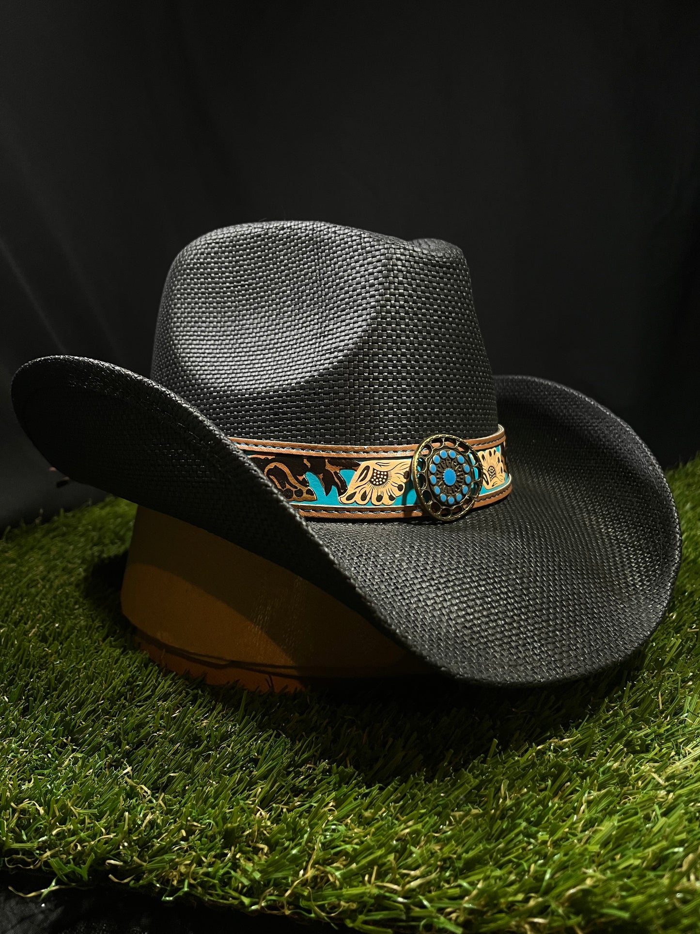 Black Bangora Cowboy/Cowgirl Hat with Turquoise Floral Band – Correa Hats