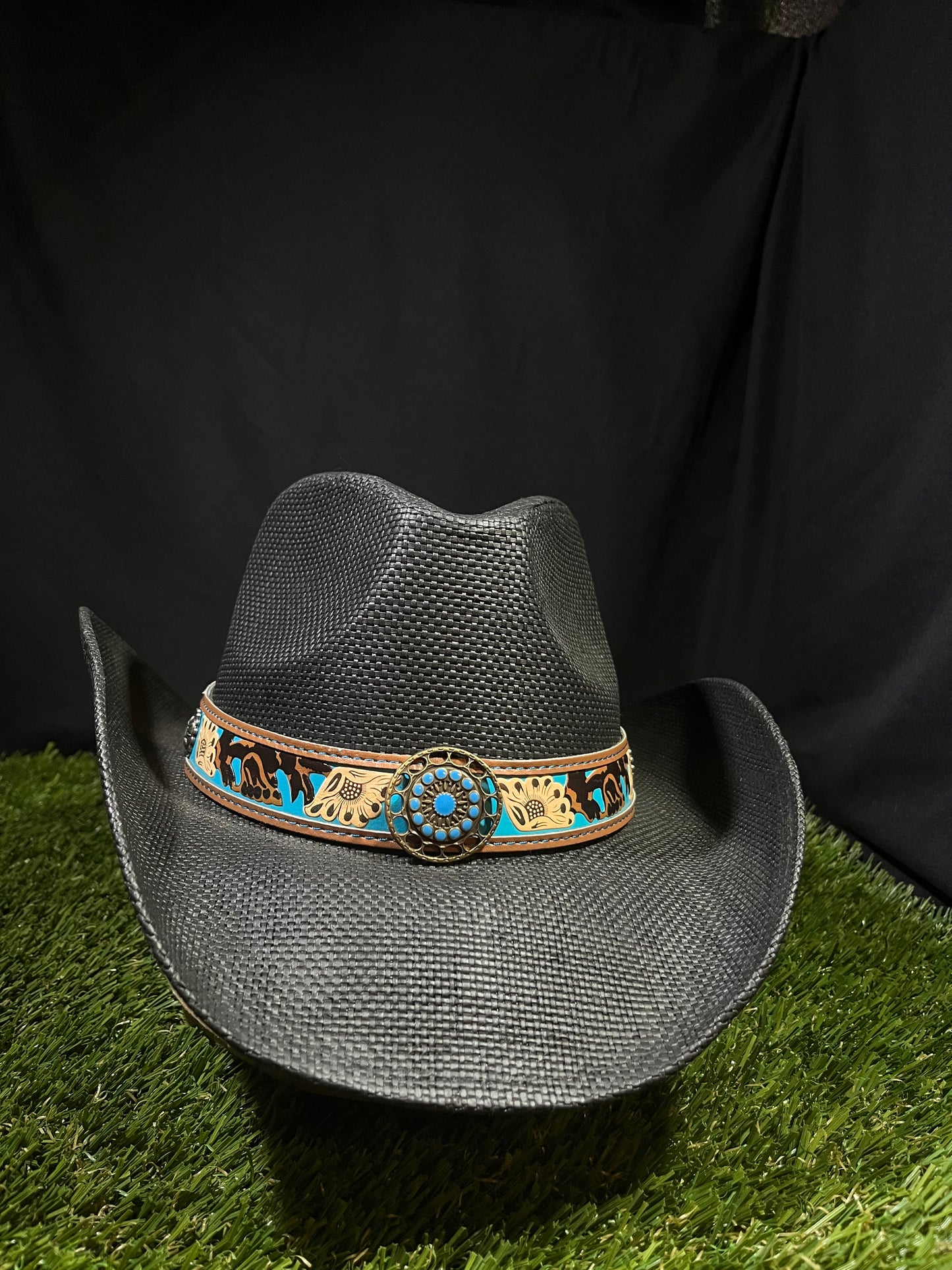 Black Bangora Cowboy/Cowgirl Hat with Turquoise Floral Band – Correa Hats
