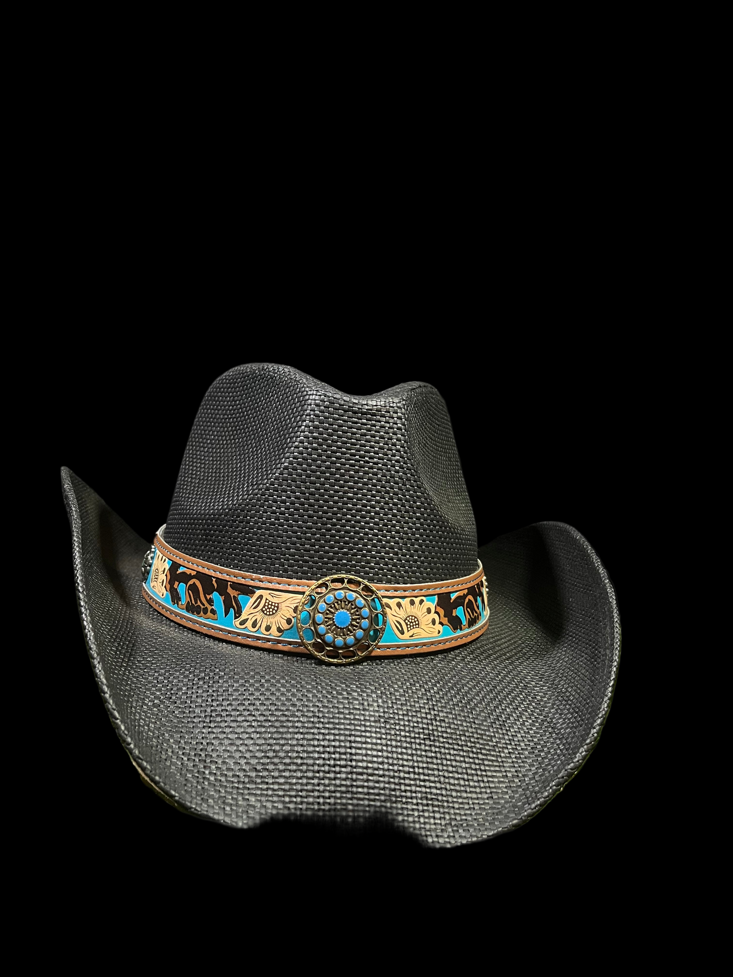 Black Bangora Cowboy/Cowgirl Hat with Turquoise Floral Band – Correa Hats