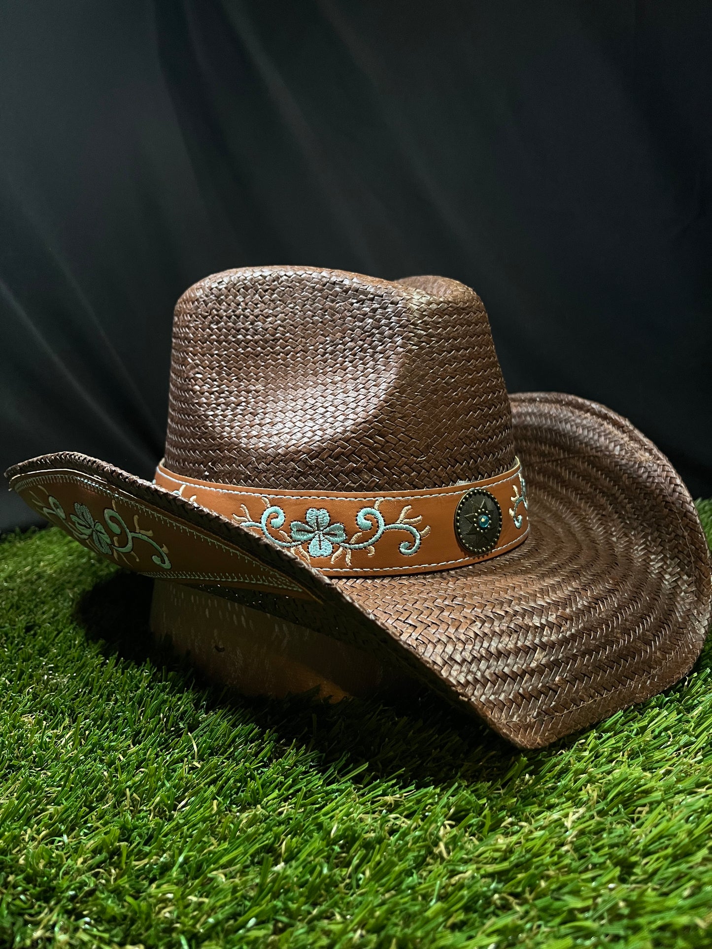 Premium Brown Straw Cowboy/Cowgirl Hat with Tan Tooled Band & Turquoise Concho | Correa Hats