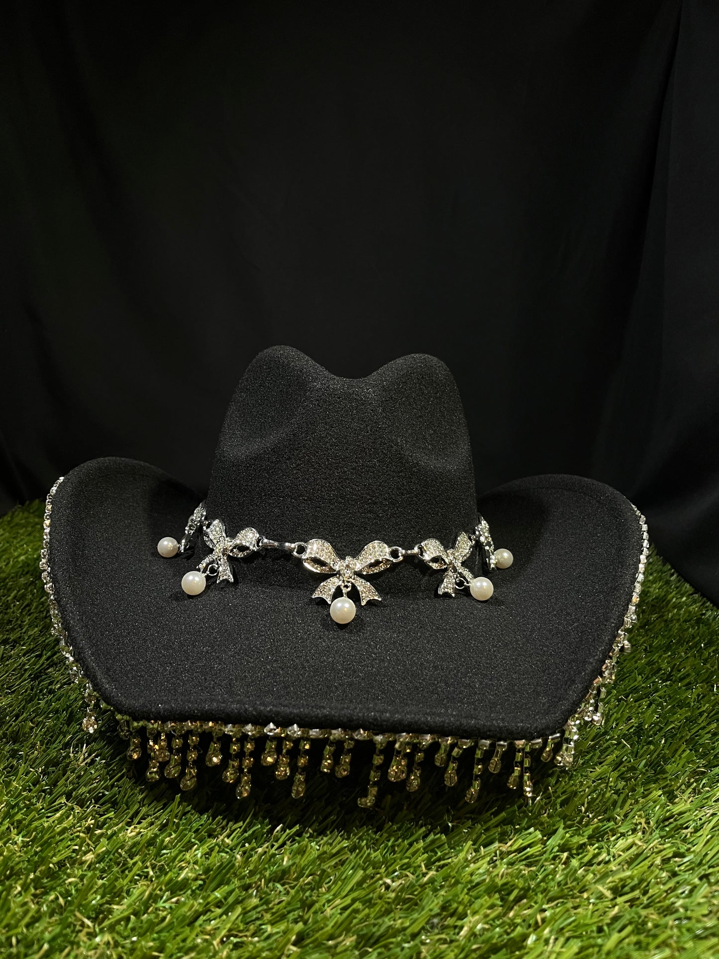 Black Silver Ribbon Western Bedazzled Hat