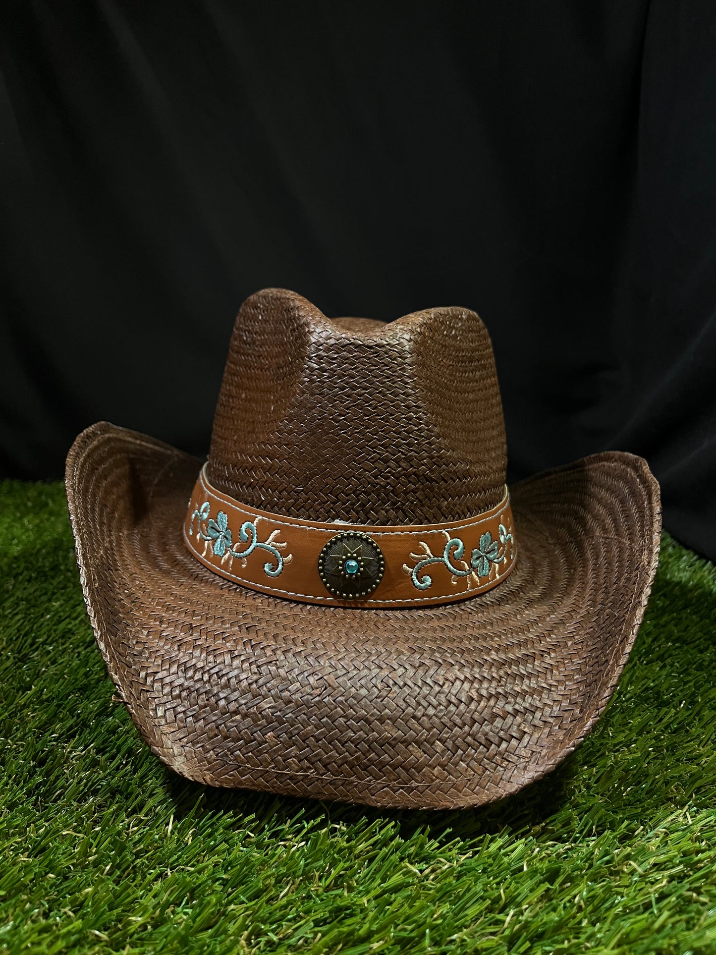 Premium Brown Straw Cowboy/Cowgirl Hat with Tan Tooled Band & Turquoise Concho | Correa Hats