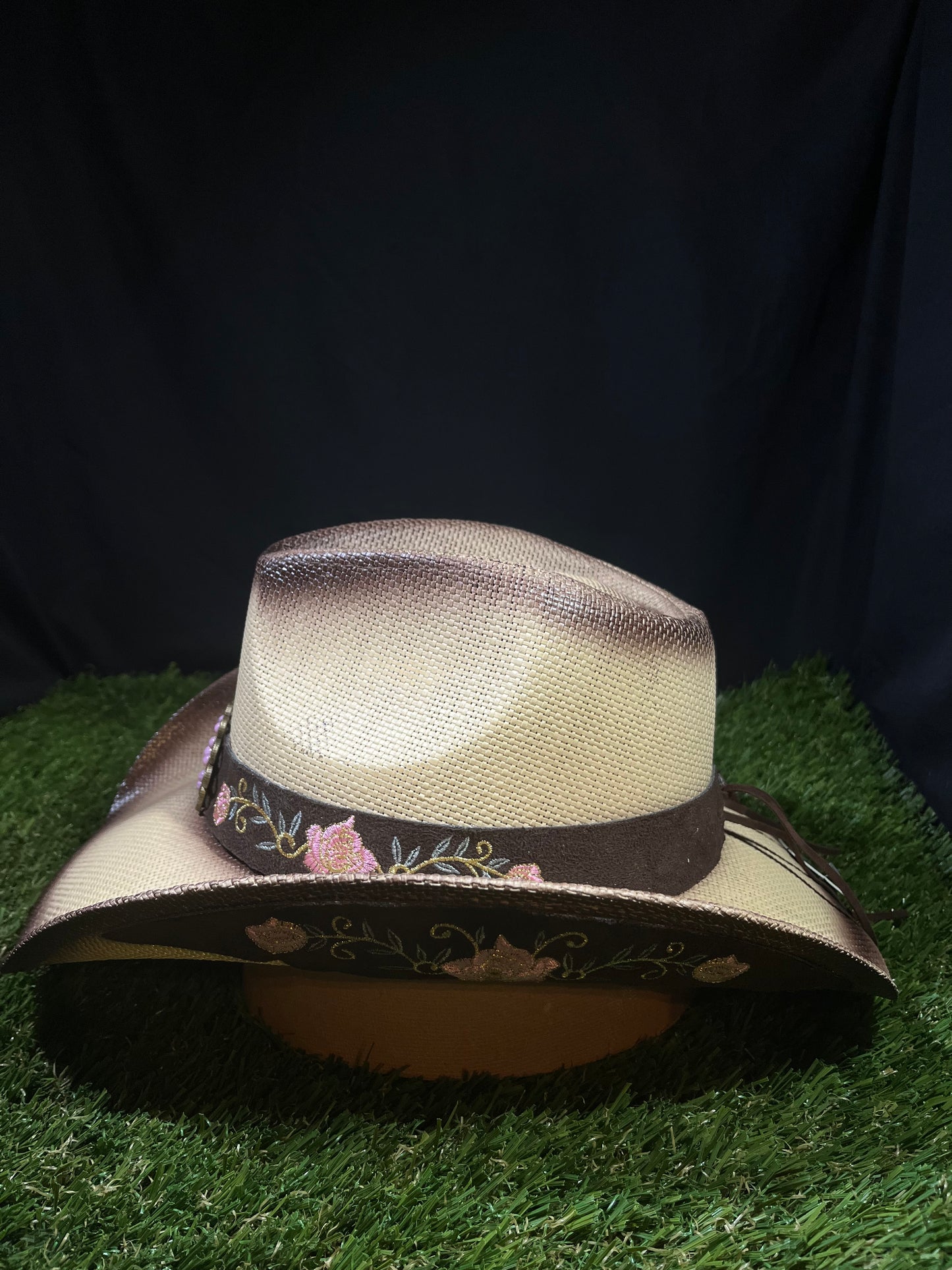 Pink Flower Straw Western Women’s Cowboy, Vintage Wide-Brimmed light brown Hat