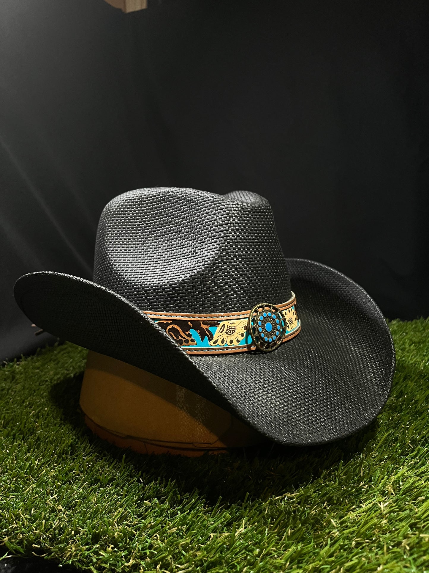 Black Bangora Cowboy/Cowgirl Hat with Turquoise Floral Band – Correa Hats
