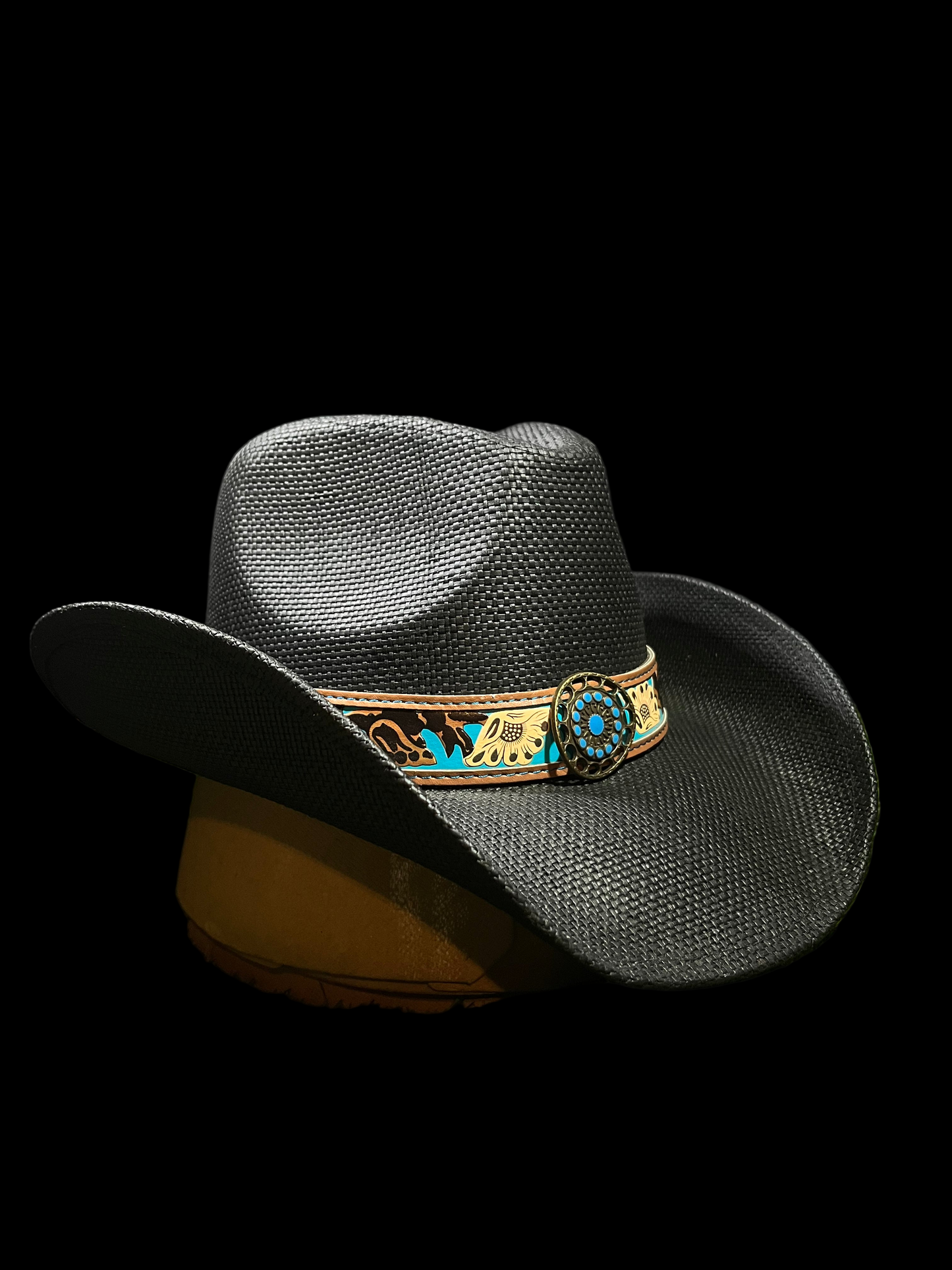 Black Bangora Cowboy/Cowgirl Hat with Turquoise Floral Band – Correa Hats