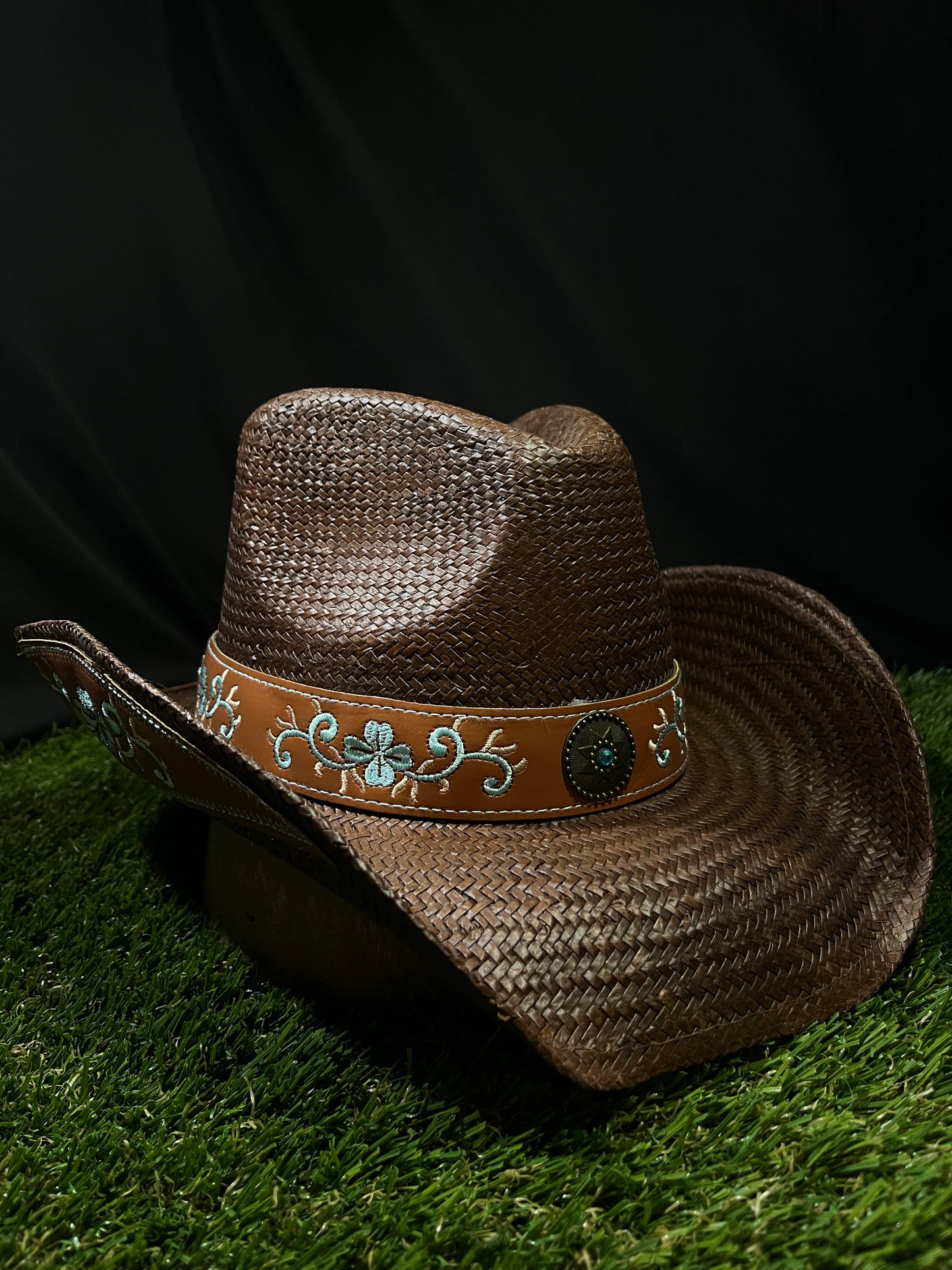 Premium Brown Straw Cowboy/Cowgirl Hat with Tan Tooled Band & Turquoise Concho | Correa Hats