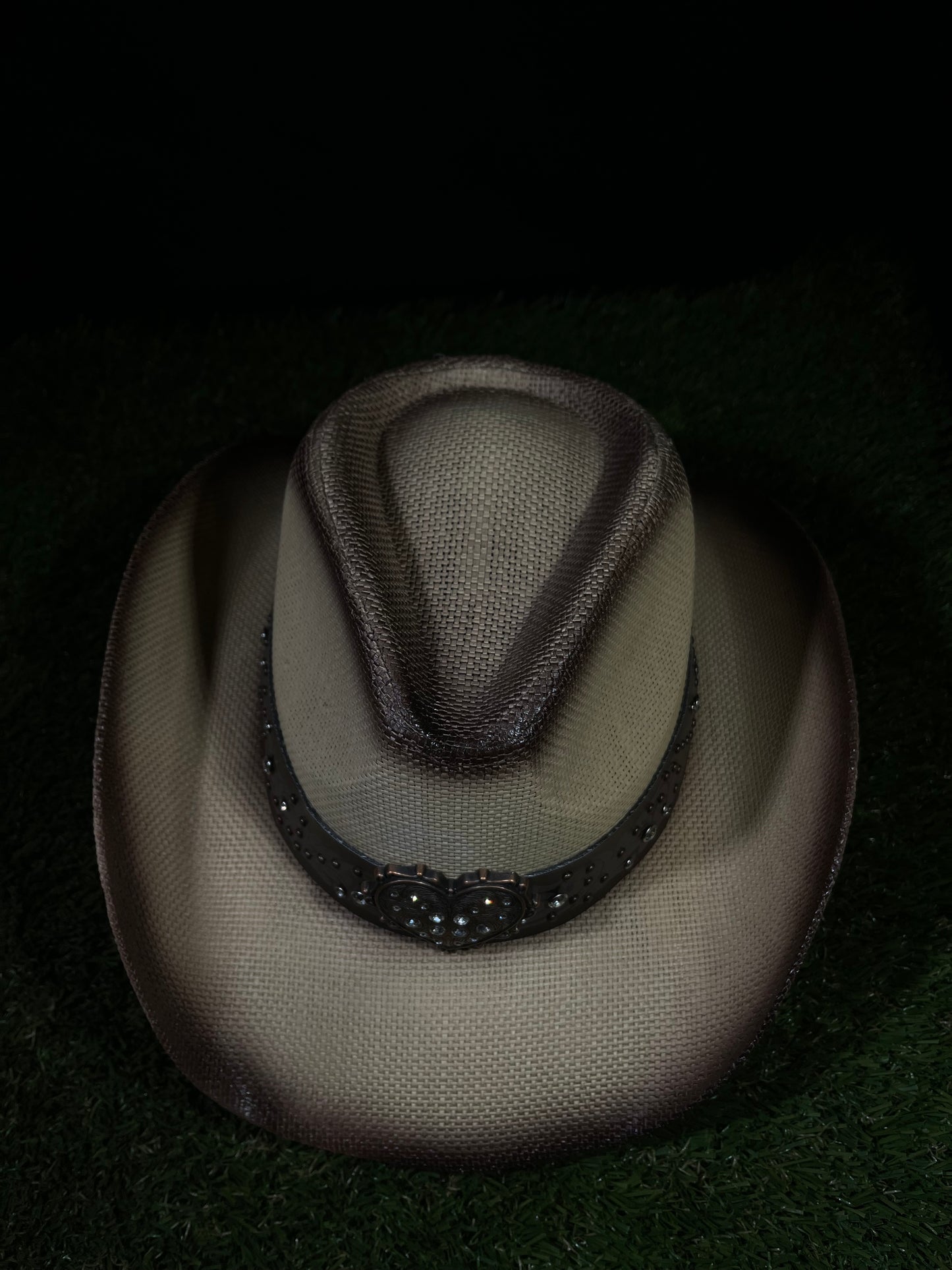Straw Western Cowboy Hat With Brown Heart Band- Light Brown