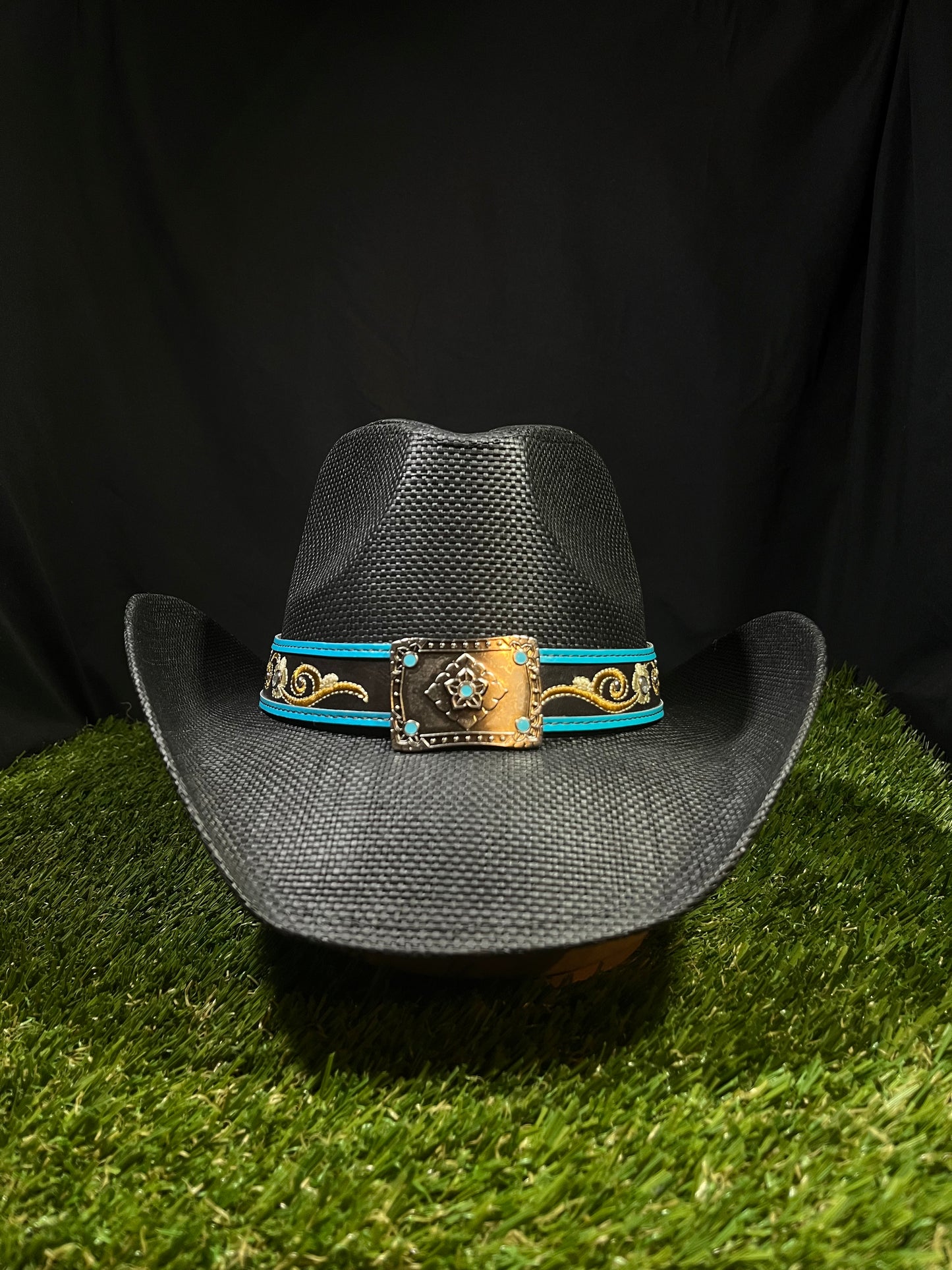 Black Turquoise Regal Buckle Western Cowboy Hat – Embroidered Band Correa Hats