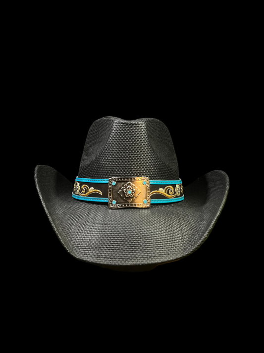 Black Turquoise Regal Buckle Western Cowboy Hat – Embroidered Band Correa Hats