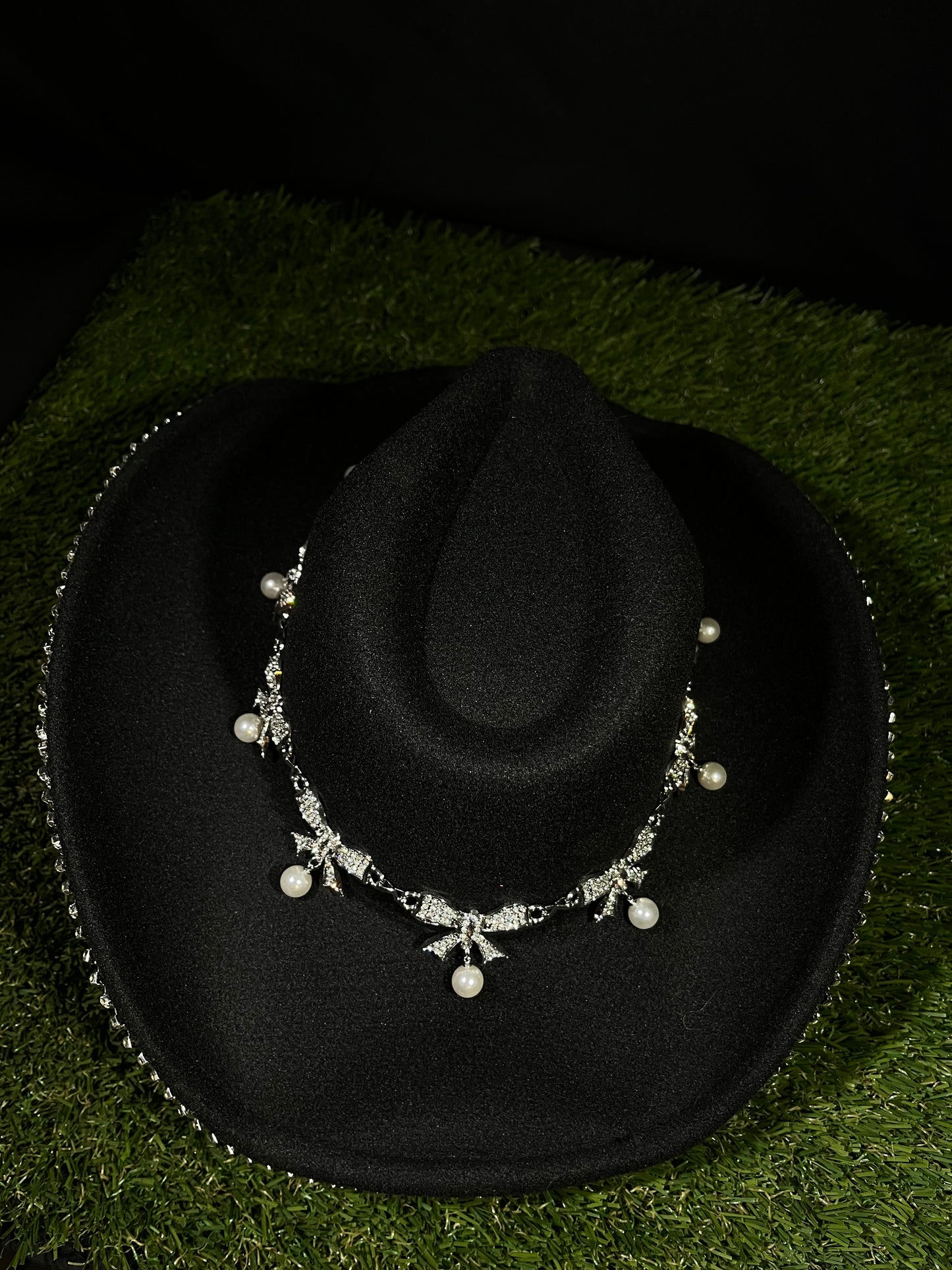 Black Silver Ribbon Western Bedazzled Hat