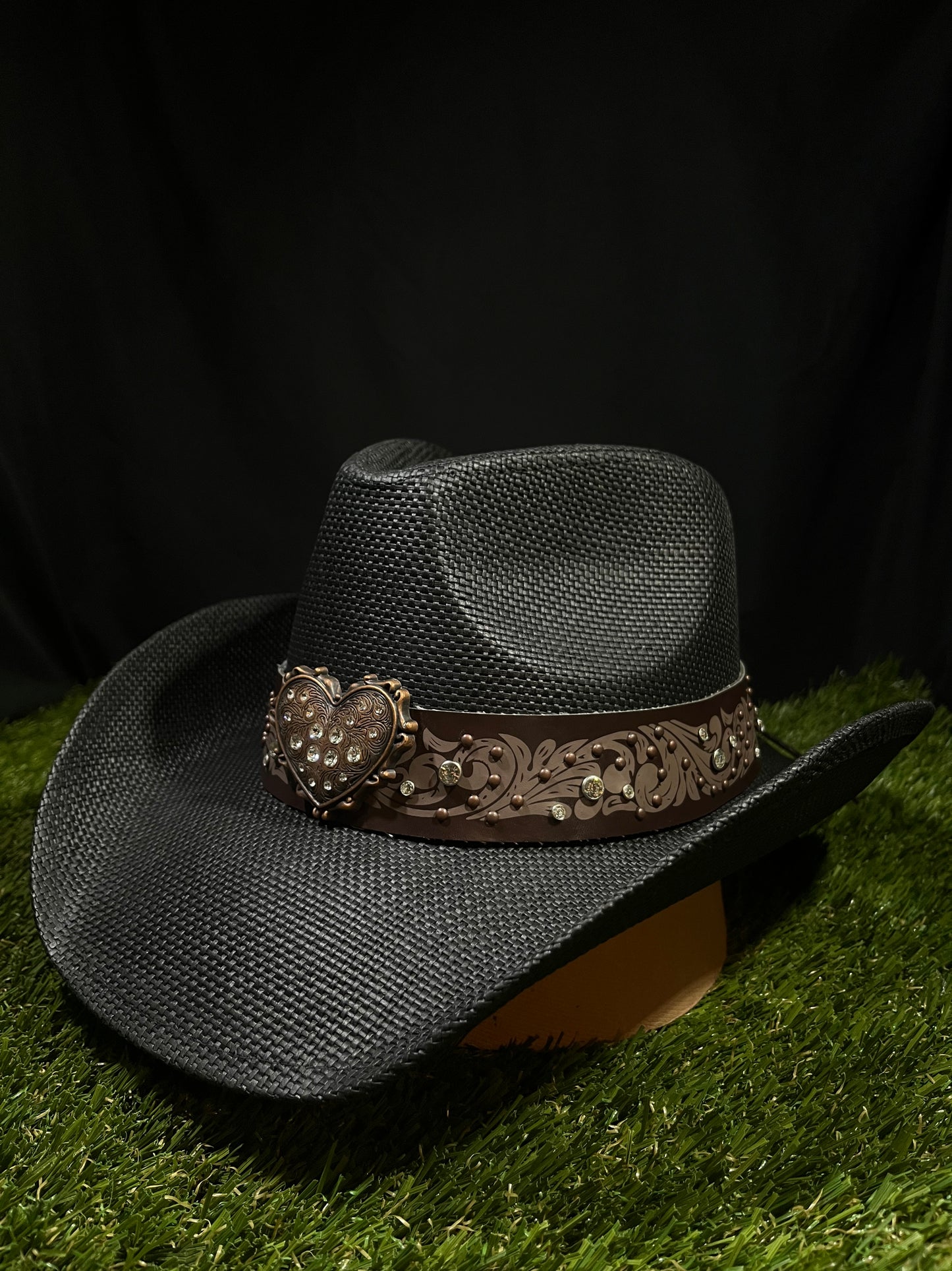 Straw Western Cowboy Hat With Brown Heart Band- Black