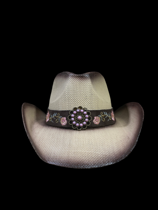Pink Flower Straw Western Women’s Cowboy, Vintage Wide-Brimmed light brown Hat