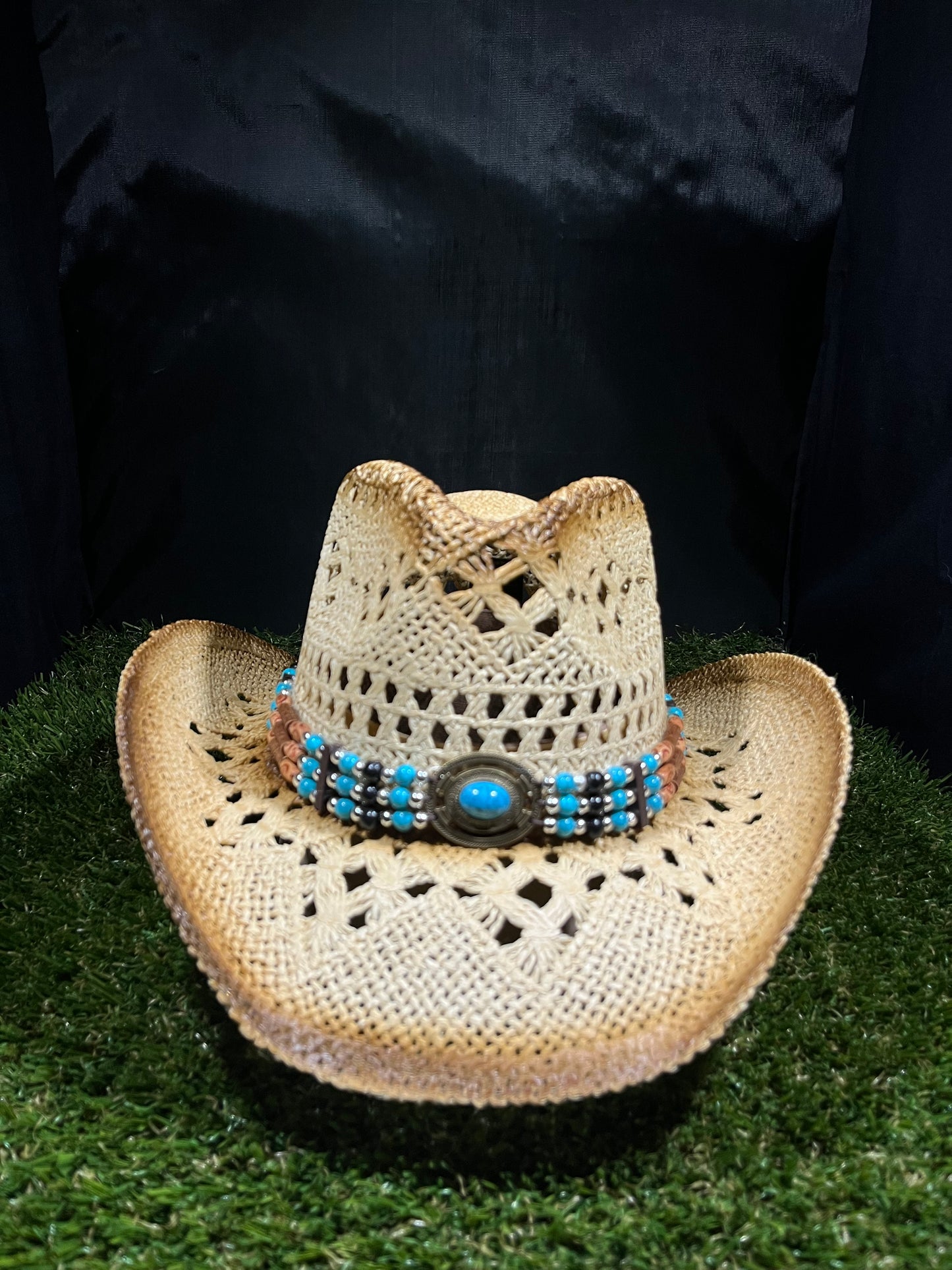 Light Brown Straw Cowboy Cowgirl Hat - Breathable Design with Turquoise Buckle and Beaded Band