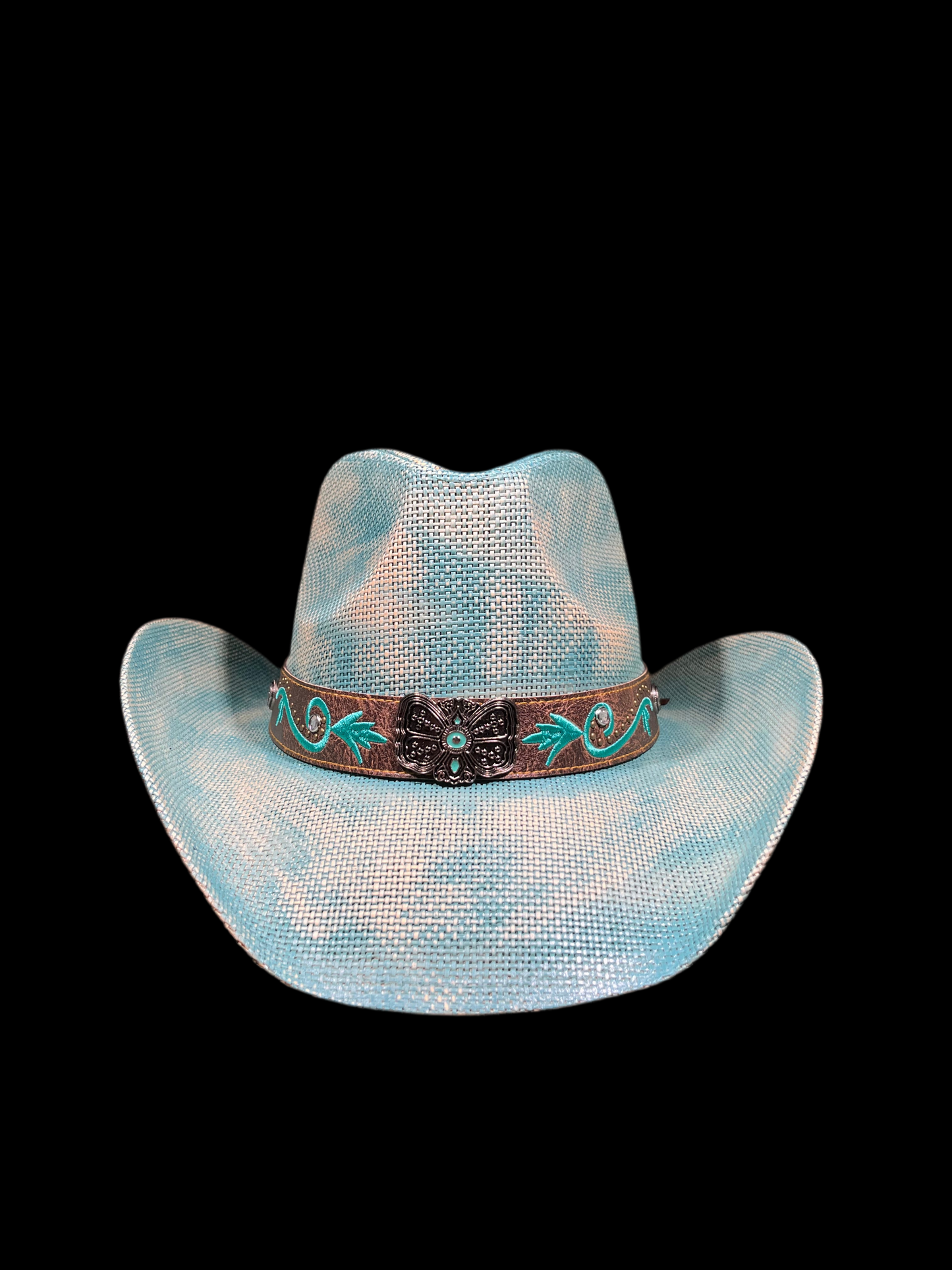 Light Blue Cowgirl Hat Rustic Metallic Evil Eye Protection Butterfly