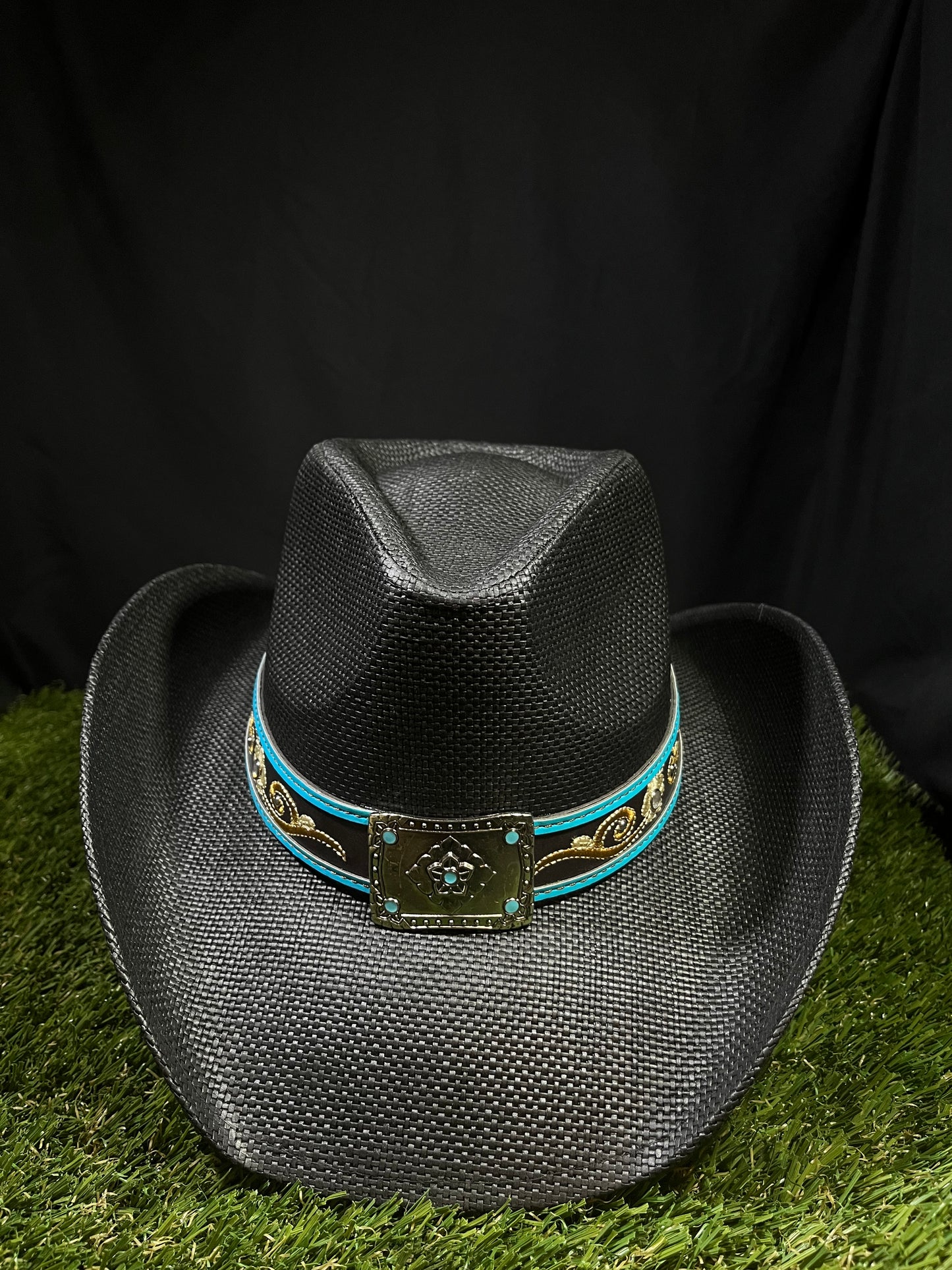 Black Turquoise Regal Buckle Western Cowboy Hat – Embroidered Band Correa Hats