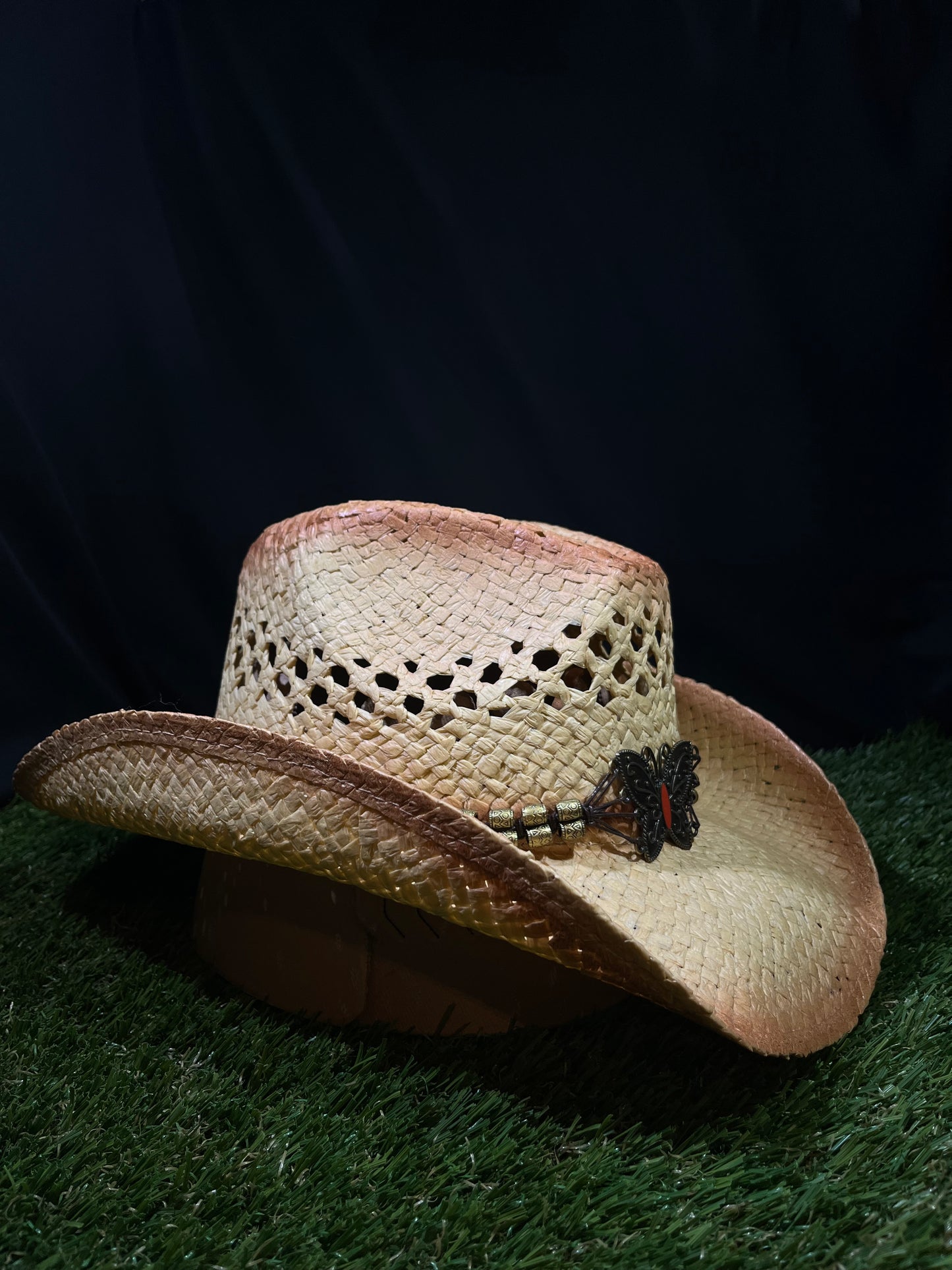Natural Ventilated Straw Cowboy/Cowgirl Hat with Chrome Butterfly Band – Bendable Brim | Correa Hats