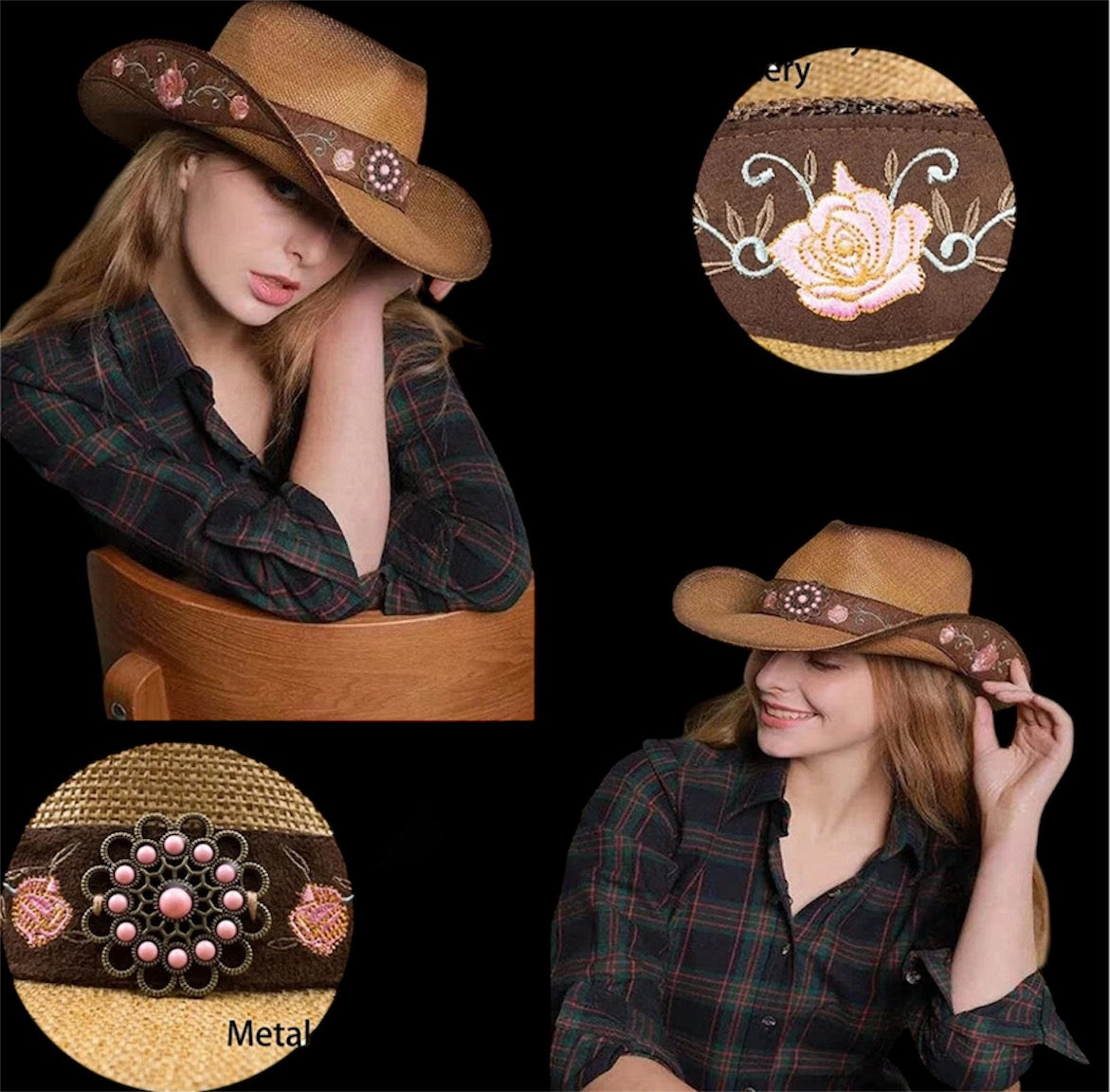 Dark Rose Western Cowgirl Hat Pink Flower Straw Western Women’s CowboyVintage Wide Brimmed dark brown Hat