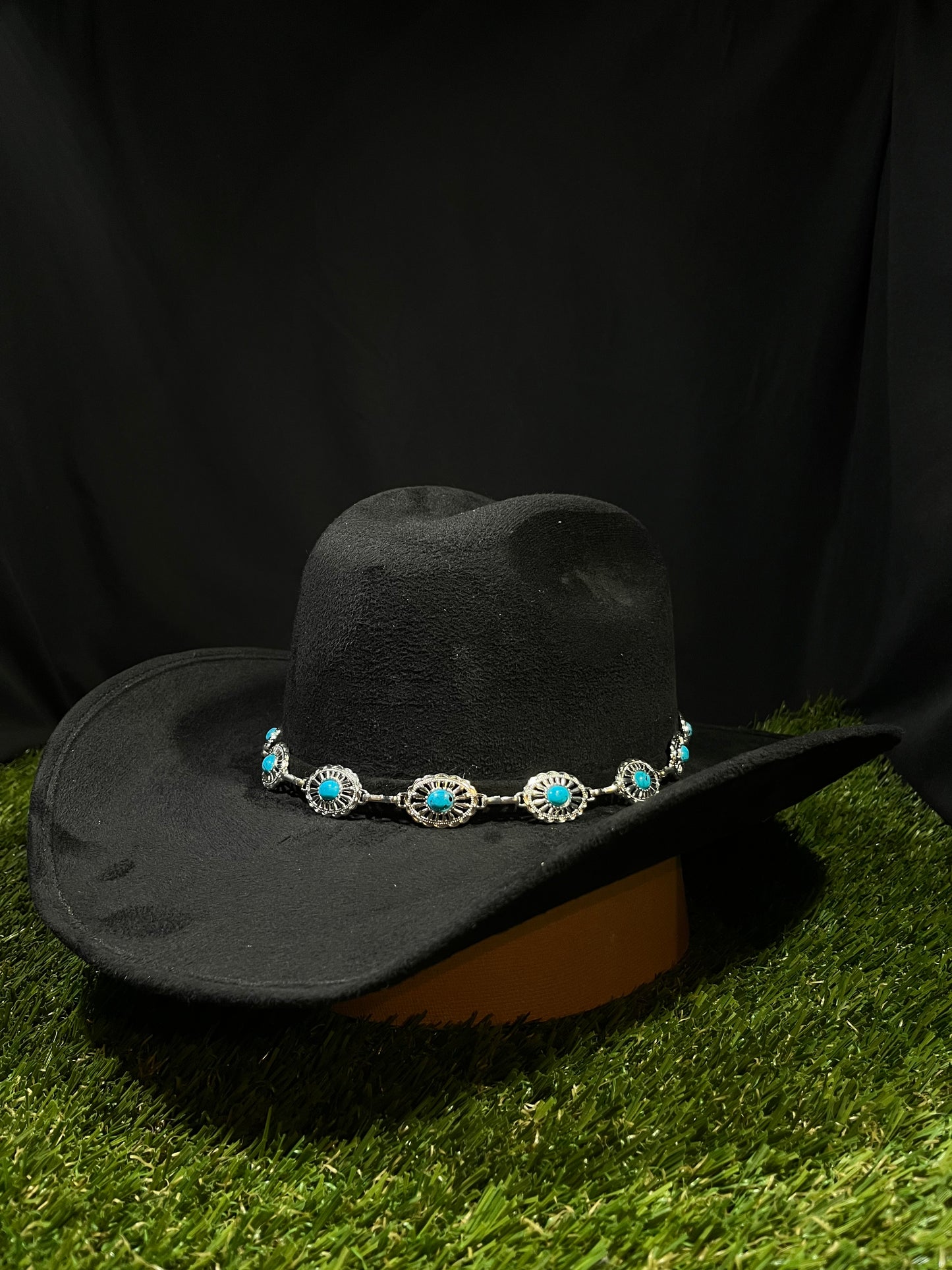 Black Suede Cowgirl with turquoise blue stones silver band