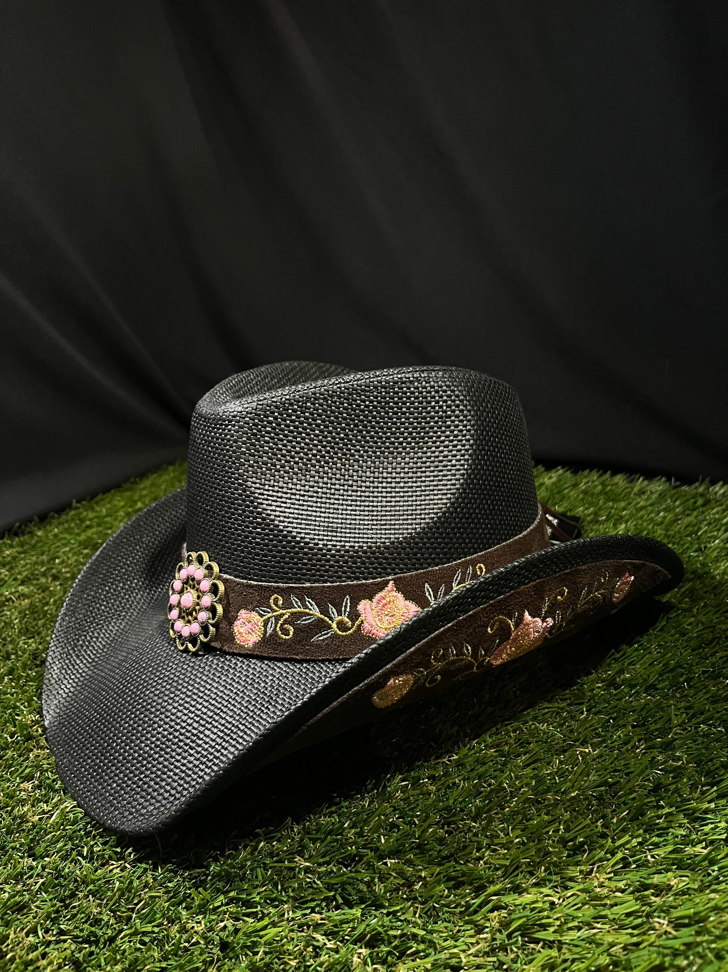 🖤 Black Bangora Western Premium bendable brim Cowboy/Cowgirl Hat with Pink Floral Band – Correa Hats